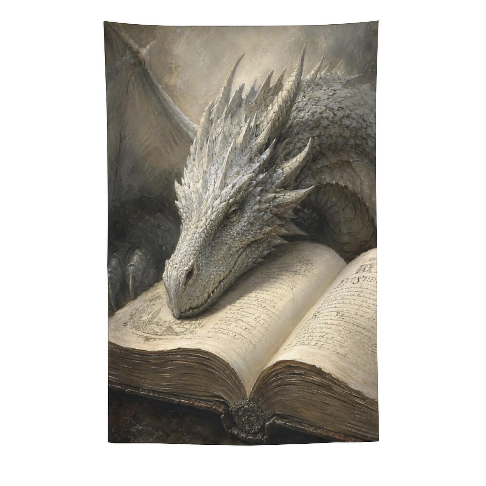 H3B8U2Y5 Silver Dragon Resting on Open Book Wall Tapestry, Surrealist Style