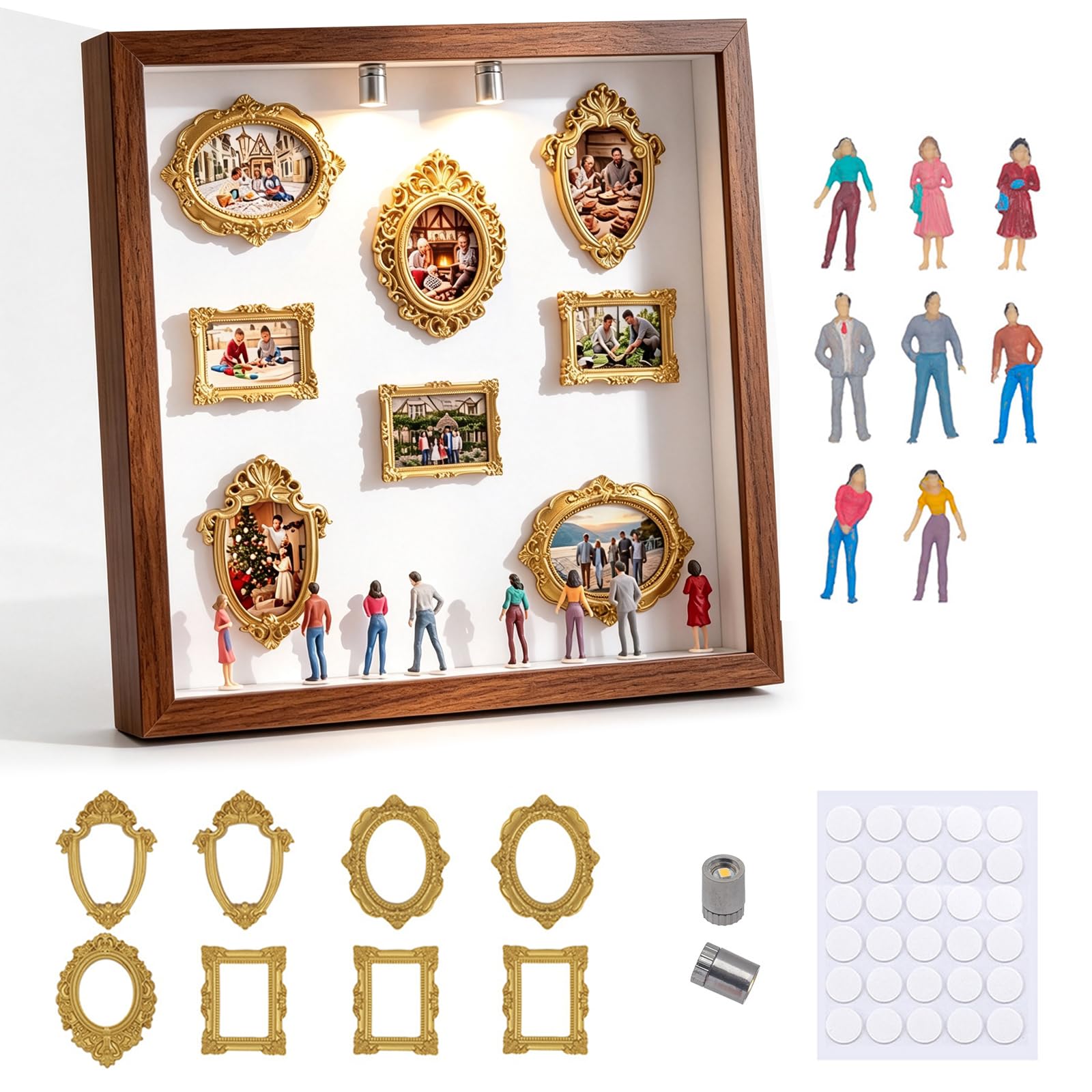 DIY Mini Museum Sylwetka Pudełko, Spersonalizowane DIY Etui z Rodziną Pamięcią Z 8 Złotymi Mini Ramkami i 8 Losowymi Figurkami, Na Rocznicę, Ślub, Wystrój Domu