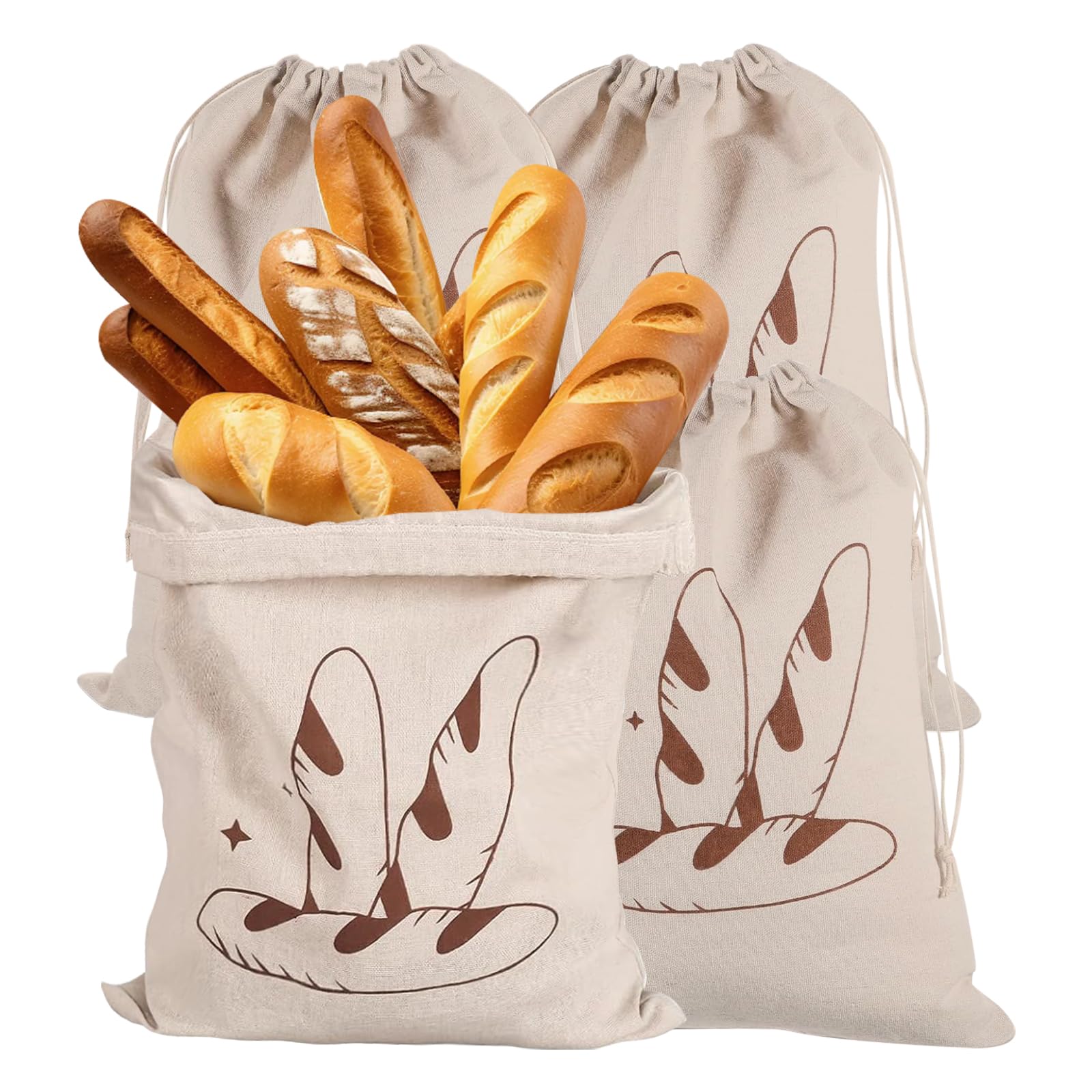 Set of 4 linen bread bags, reusable, bread bags, linen, unbleached, 40 x 30 cm, with drawstring for packaging and keeping fresh bread, baguettes, food, fruit and vegetables