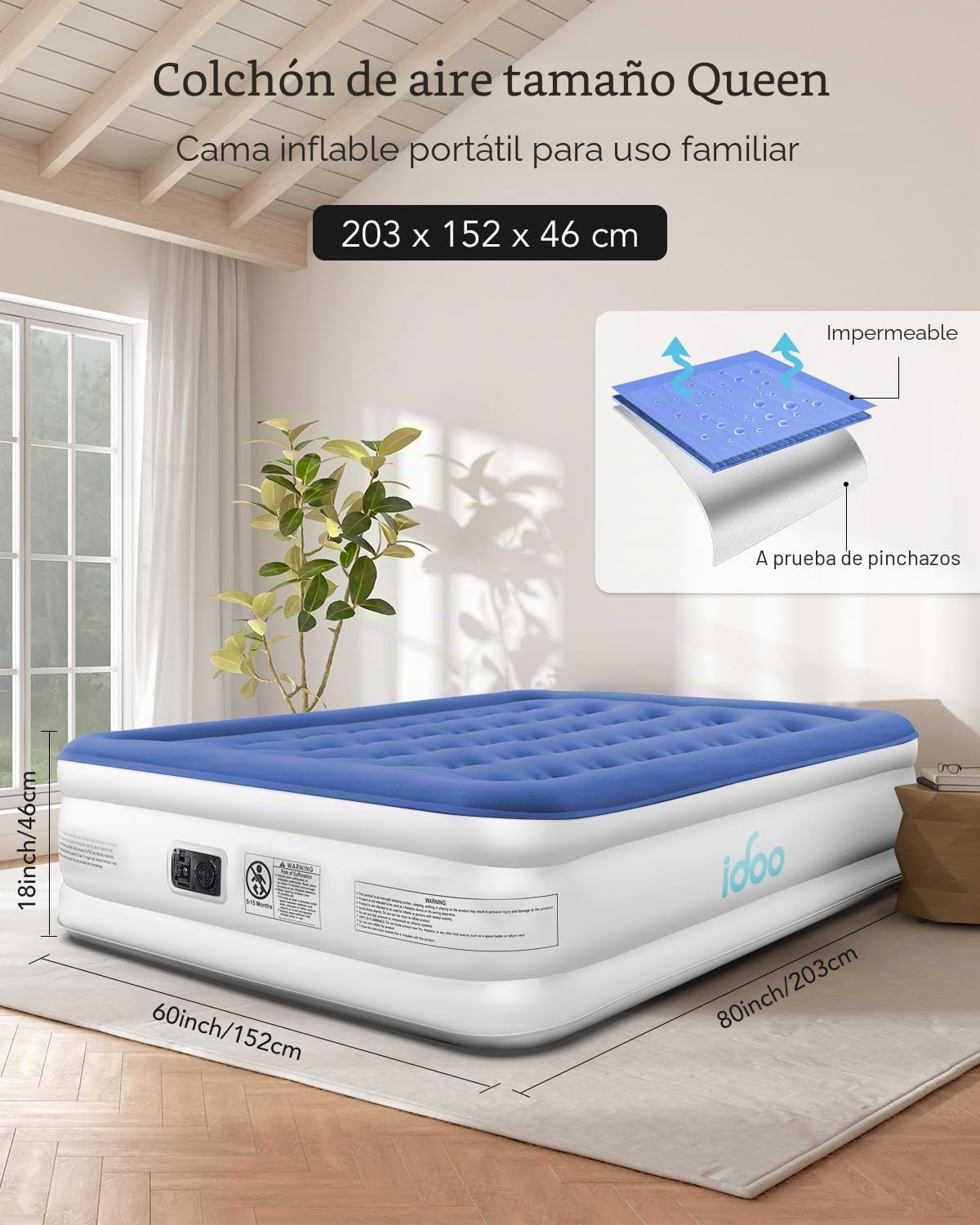 iDOO Colchón Hinchable con Bomba de inflado y desinflado en Tan Solo 3 Minutos, para el hogar, Viajes y Camping, 152x203x46cm. Peso máximo:295Kg (Cama Matrimonial), Azul