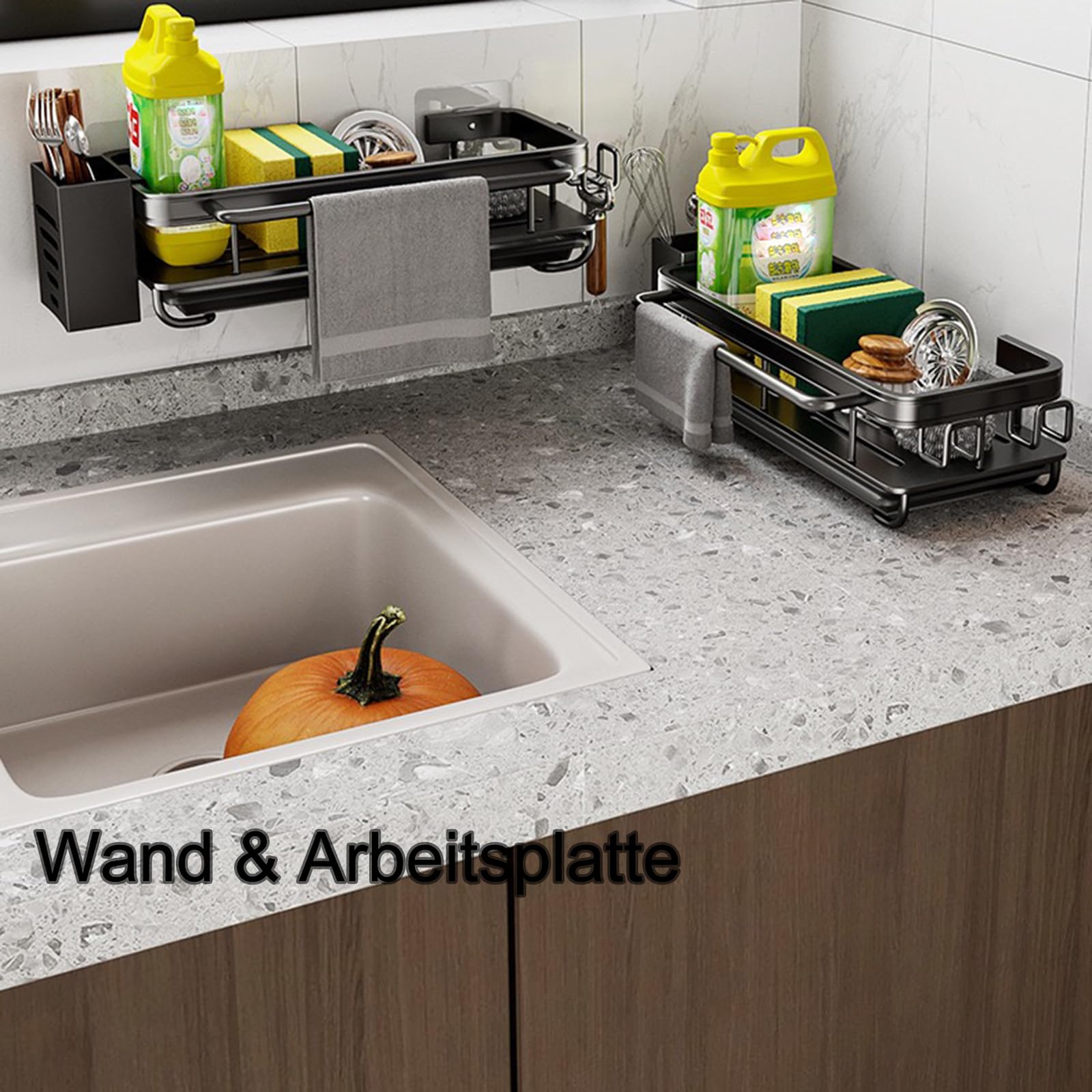 Küche Spülbecken Organizer Schwammhalter mit Abflusspfanne Küchen Spüle Organizer mit Spültuchhalter und Zwei Haken，Metalle Hängender Küchenorganizer Badezimmer - Ohne Bohren (Schwarz)