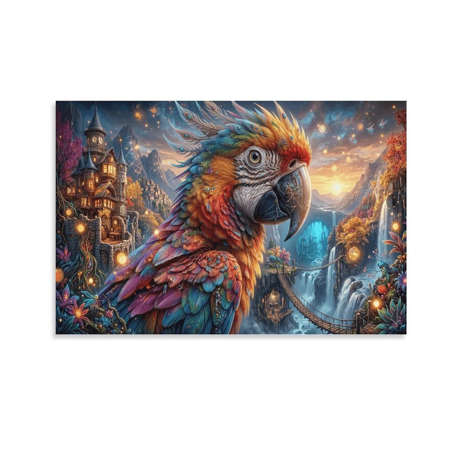 XPASHIQWC Parrot Wall Decor Poster Valley Waterfall Cabin Giclee Canvas Prints Modern Canvas Wall Art Picture Wall Hanging for Office Gym Living Room Decor 24x36inch(60x90cm)