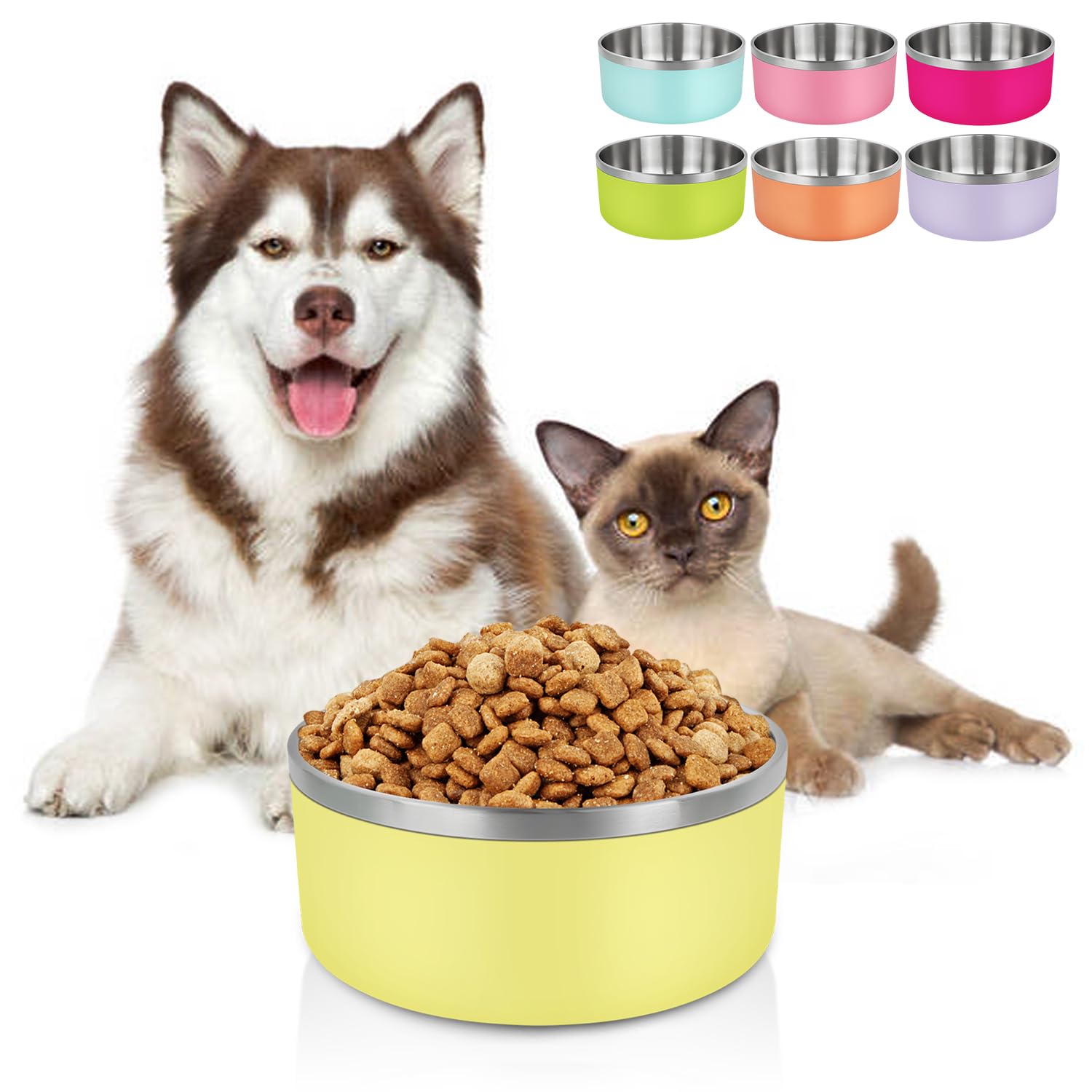 LIHONG Dog Bowls,Stainless Steel Dog Bowls for Large Dogs,Dog Food Water Bowls with Non Slip Rubber Bottom,Pet Feeding Bowl,Double Wall Insulated,Rustproof(64oz,Light Yellow)