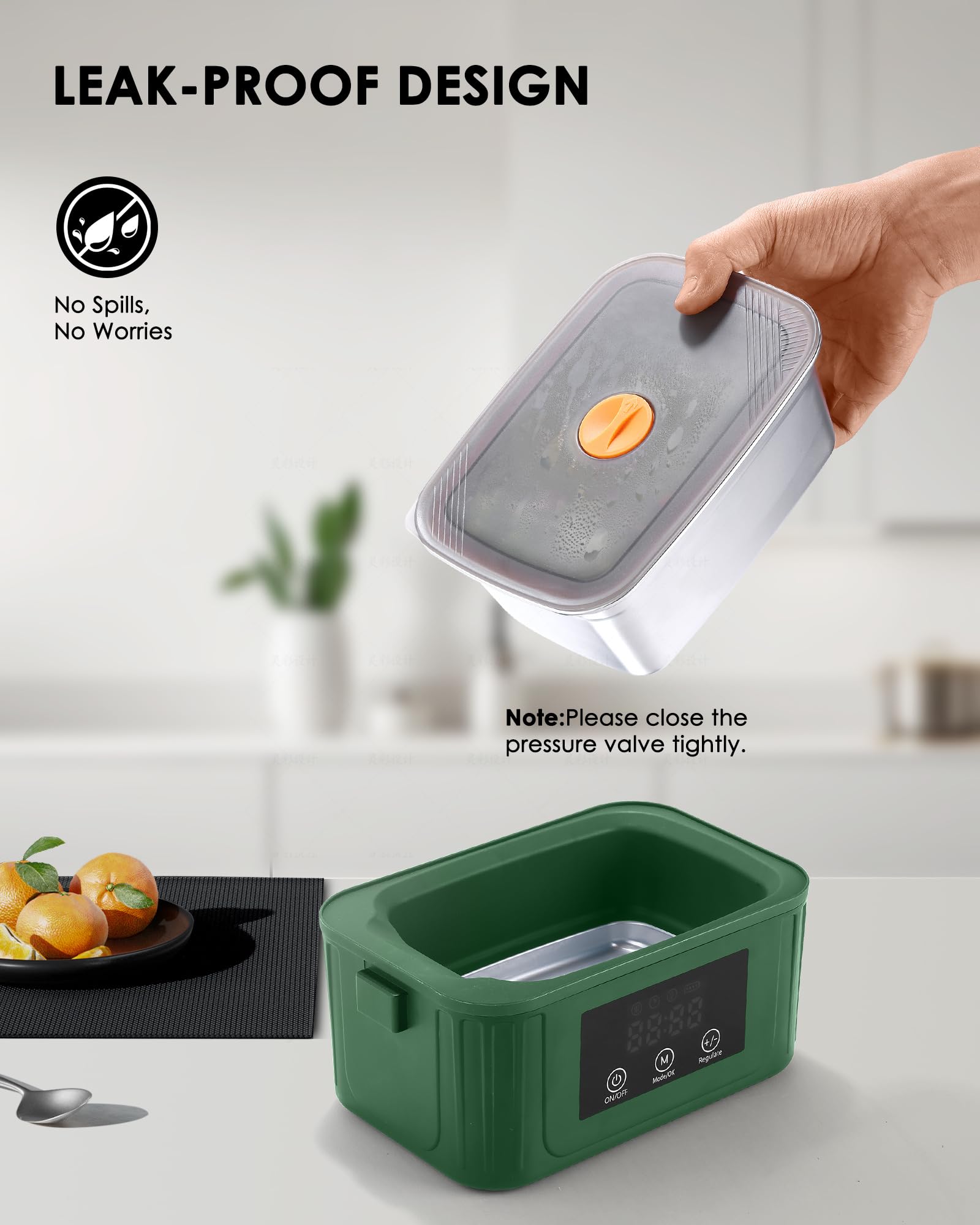 Fiambrera Eléctrica Inalámbrica 1,4L para Adultos, Lunch Box Calefactable que Prepara tu Comida a la Hora Deseada con Mantenimiento Automático, Calentador Portátil con Bolsa Isotérmica (Verde)