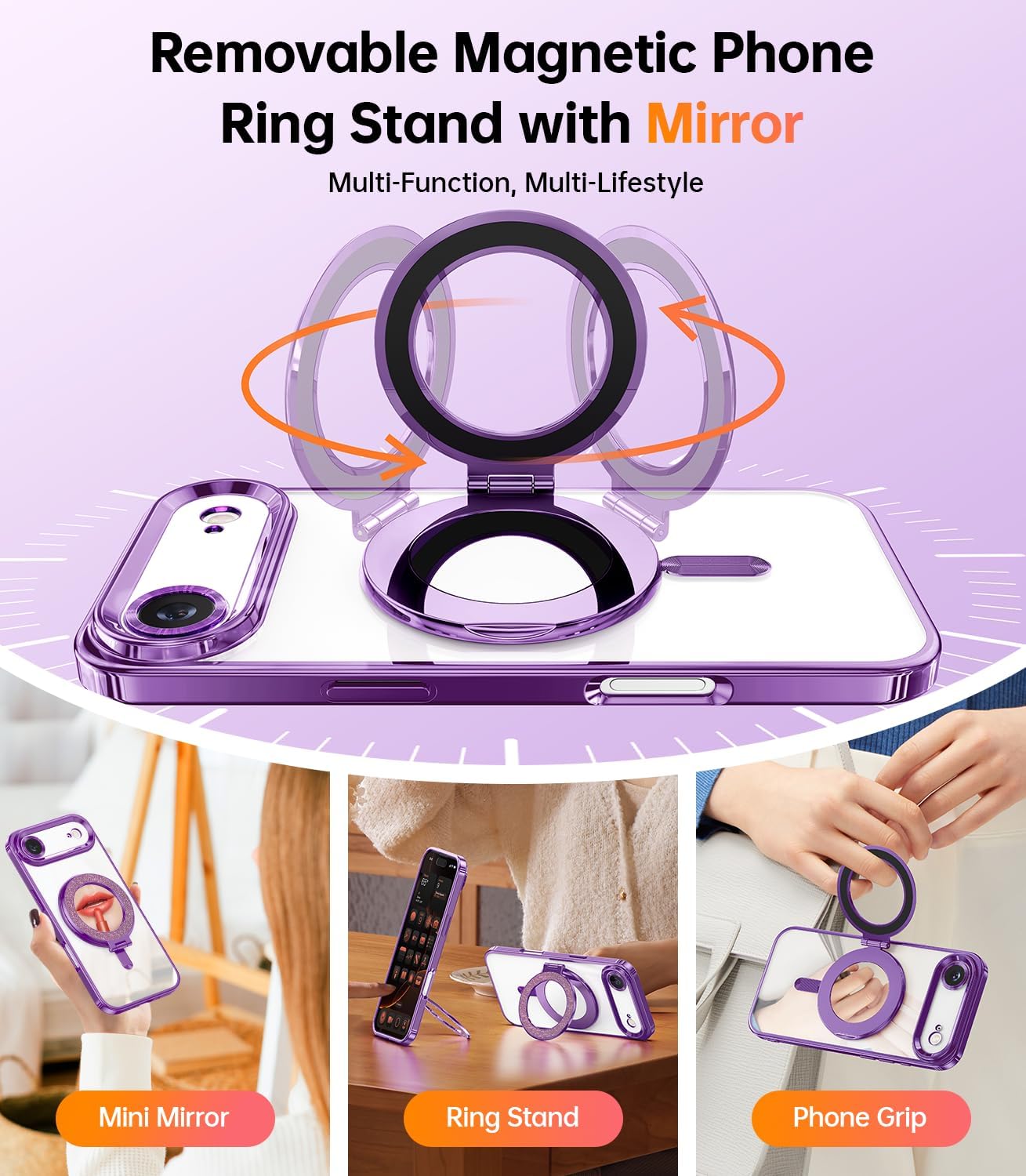 Meifigno Designed for iPhone Air Case with Ring Stand (6.5"), [Built-in Mirror] [Compatible with MagSafe] [Glitter Card & Wrist Strap] Removable Phone Stand +Designed for iPhone 17 Air Case, Purple