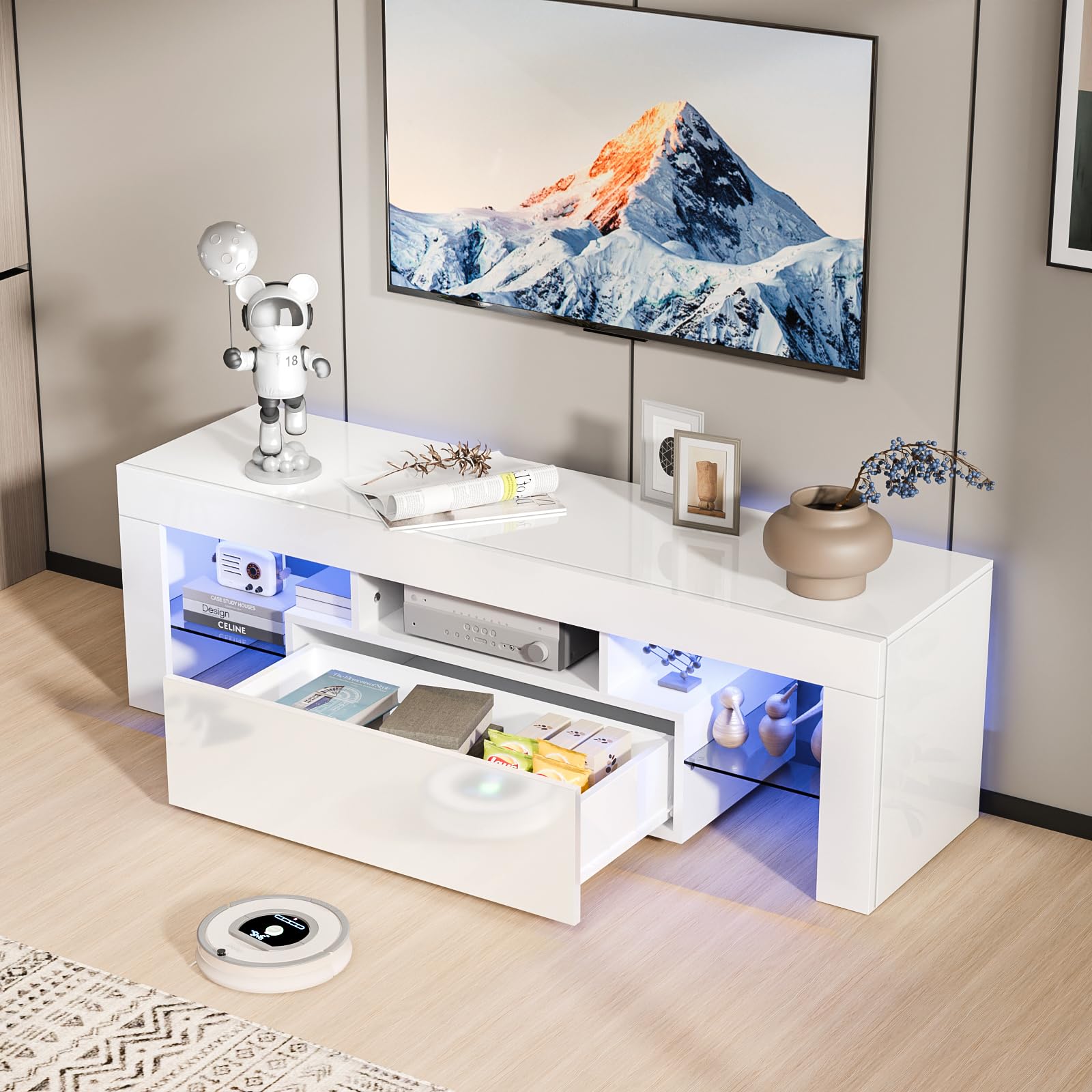 Bonnlo Meuble TV avec LED, Banc TV, Noire, Meuble TV avec Rangement, Meuble télé pour Salon, Chambre, 130 x 35 x 45cm (Blanc)