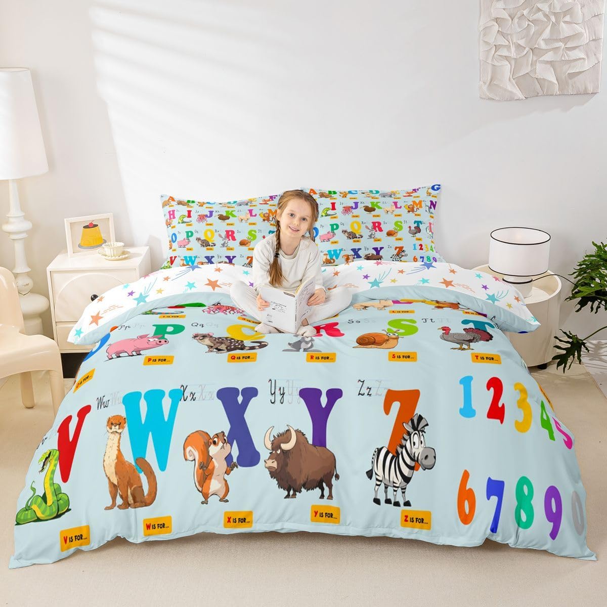 Kids Educational Bedding Set King Size ABC Alphabet Numbers Bedding Duvet Cover Set For Boys Girls Toddler Cute Animal Decor Comforter Cover Set Fox Elephant Bedspread Cover Bedroom Quilt Cover 3Pcs
