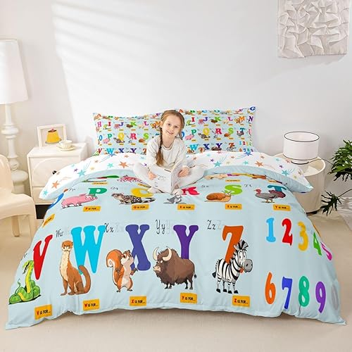 Miniatura 4 de Juego de ropa de cama educativa para niños, tamaño matrimonial, con números del alfabeto ABC, juego de funda de edredón para niños y niñas