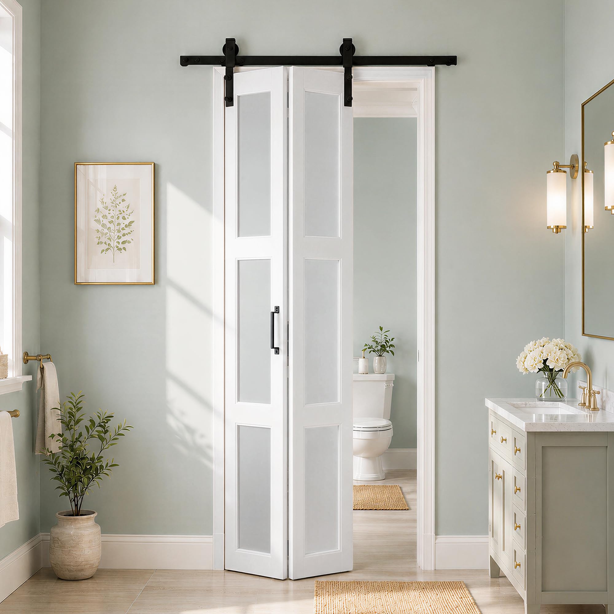 Bifold Frosted Glass Barn Door 30"x84" with Hardware Included