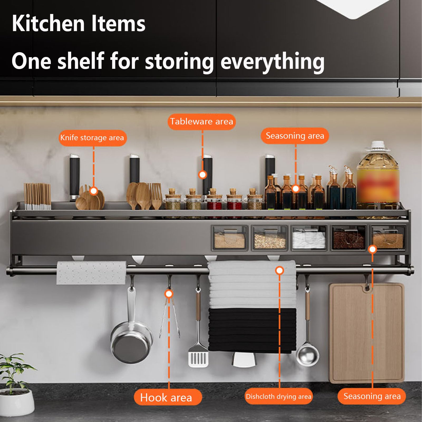 43cm,Portaspezie da Parete Mensola Cucina Parete Senza Perforazione Porta Spezie da Appendere con Portaspezie, Porta Salviette e Ganci, Organizer Cucina per Riporre Spezie