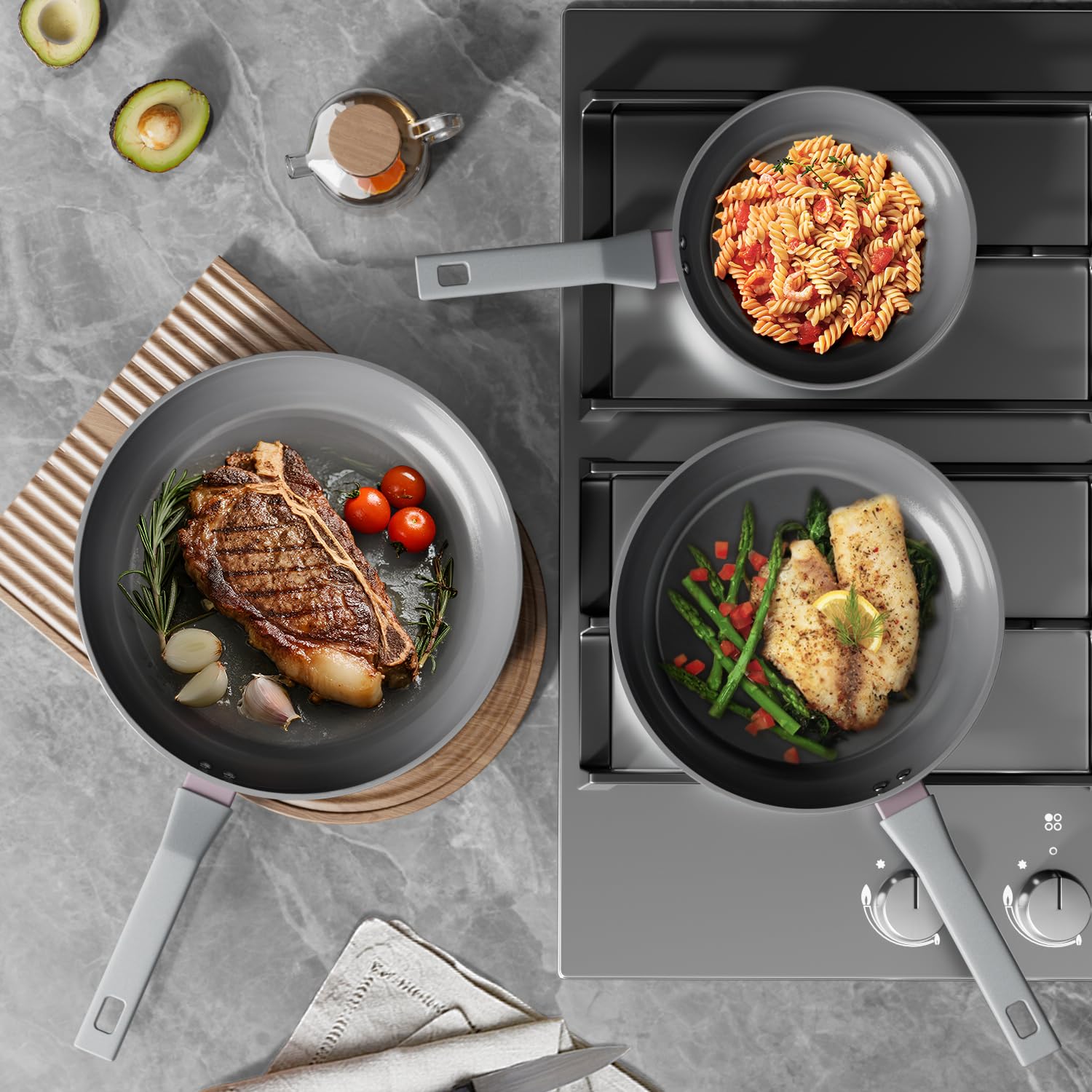 Sanho Juego de sartenes antiadherentes, sartén de cerámica de titanio diamante con mango de electrowood, 8, 10, 12 pulgadas, utensilios de cocina no tóxicos (libre de PFAS/PTFE/PFOA), apto para