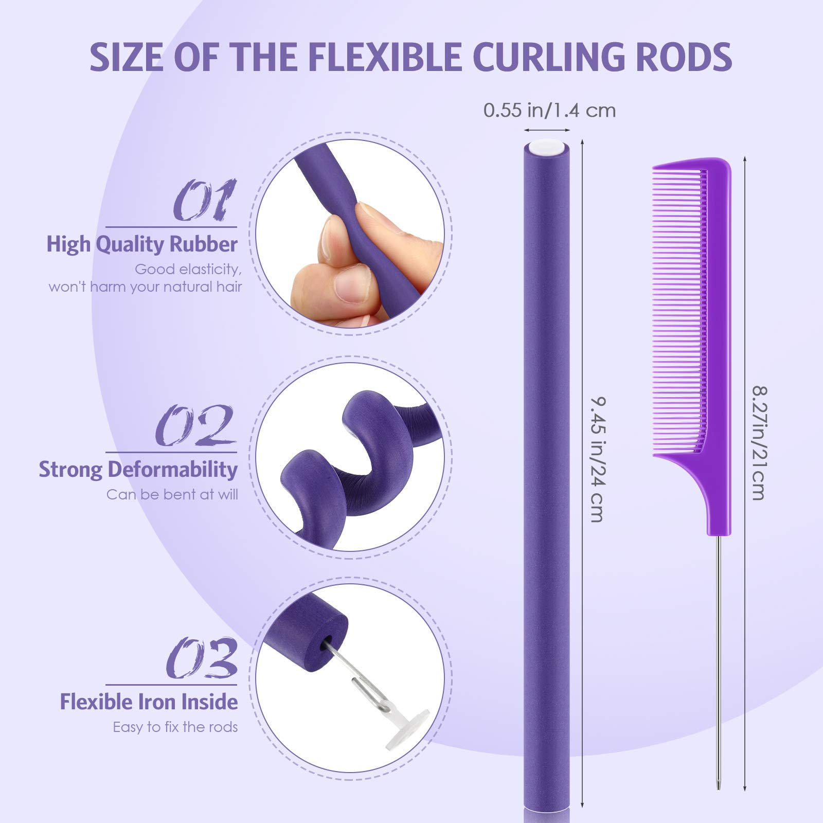 30 varillas rizadoras flexibles de 9.45 pulgadas, rodillos de espuma suave sin calor, 1 peine de cola de rata de acero para mujeres de cabello largo y corto (morado, 9.45 x 0.55 pulgadas) 2
