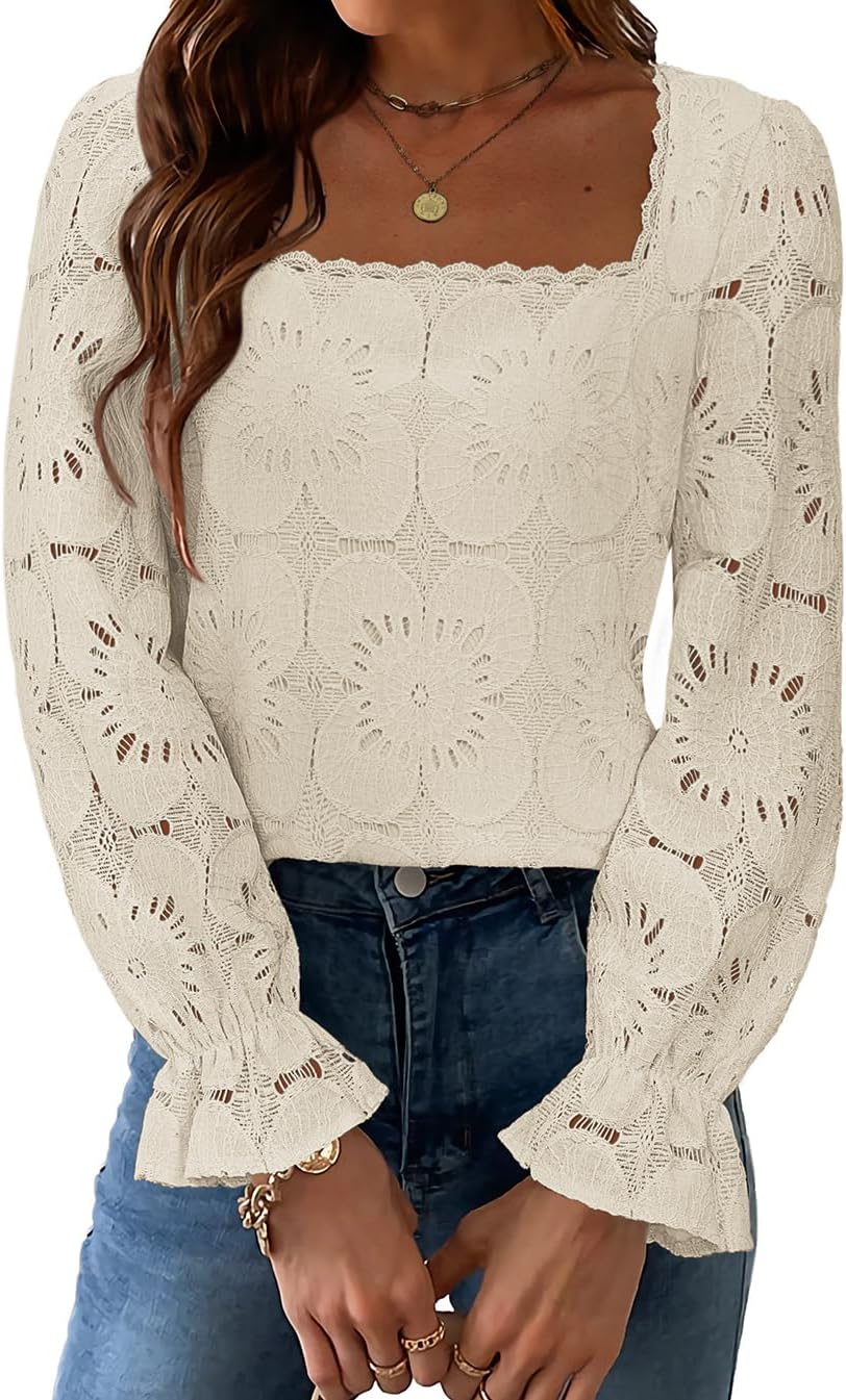 Blouses for Women Dressy Casual Eyelet Square Neck Long Sleeve Embroidered Lace Crochet Boho Tops Fall Fashion 2025