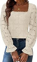 UNCOOYEE Women's Boho Lace Crochet Blouse Square Neck Puff Sleeve Embroidered Tops Fall 2025 Dressy Casual