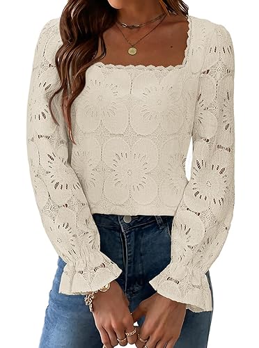 Blouses for Women Dressy Casual Eyelet Square Neck Long Sleeve