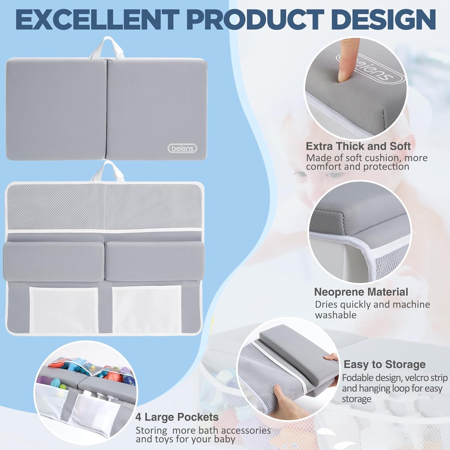 beiens bath kneeler and elbow rest pad set - 1.5'' comfortable baby bath kneeler pads, thick quick dry kneeling pad support for knee& arm, large bathtub mat with toy organizer for happy baby bath time grey