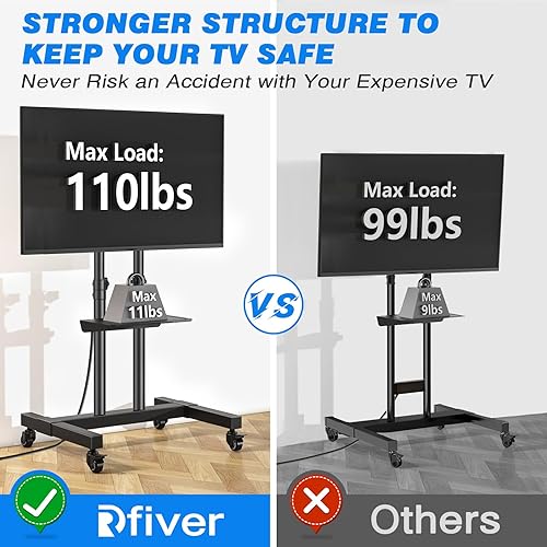Miniatura 2 de Rfiver Upgraded Rolling TV Stand with Power Outlet for 32-83 Inch TVs, Heavy Duty Mobile TV Cart on Wheel up to 110 lbs, Height Adjustable Portable