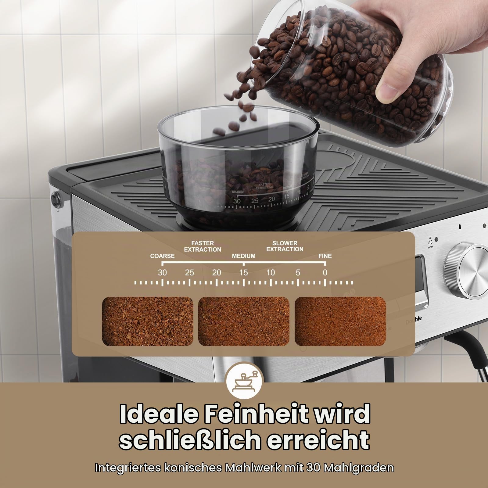 Gevi Espressomaschine 20 Bar mit integriertem Kegelmahlwerk und Milchschaumdüse, kompakte Kaffeemaschine für Hausgebrauch mit abnehmbarem Wassertank, für Cappuccino, Latte, Espresso und Americano