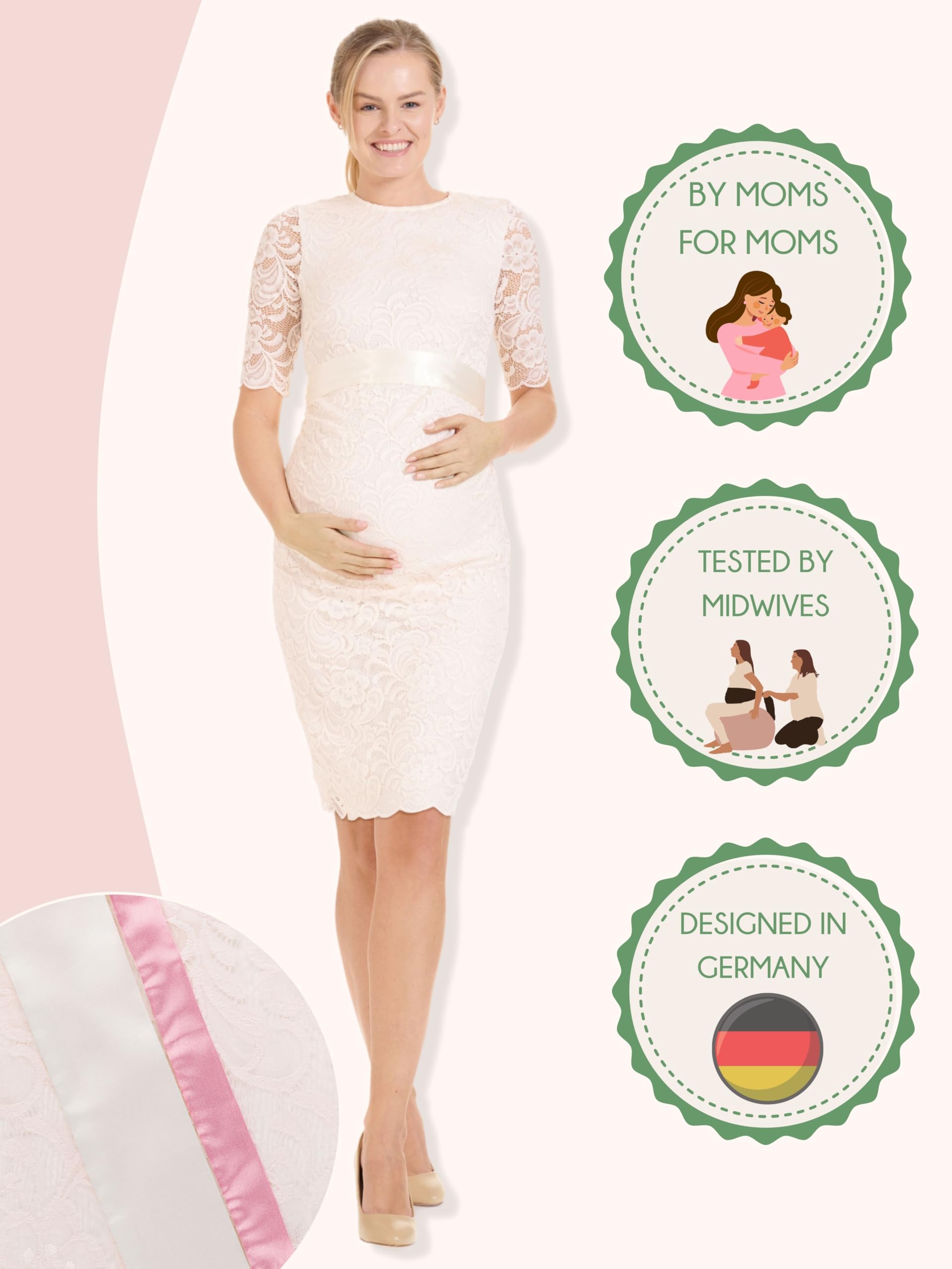 Herzmutter Sukienka ciążowa odświętna – wesele – suknia ślubna – elegancka do kolan z krótkim rękawem – sukienka ciążowa z koronką – kremowo-biała – szampan – 6200