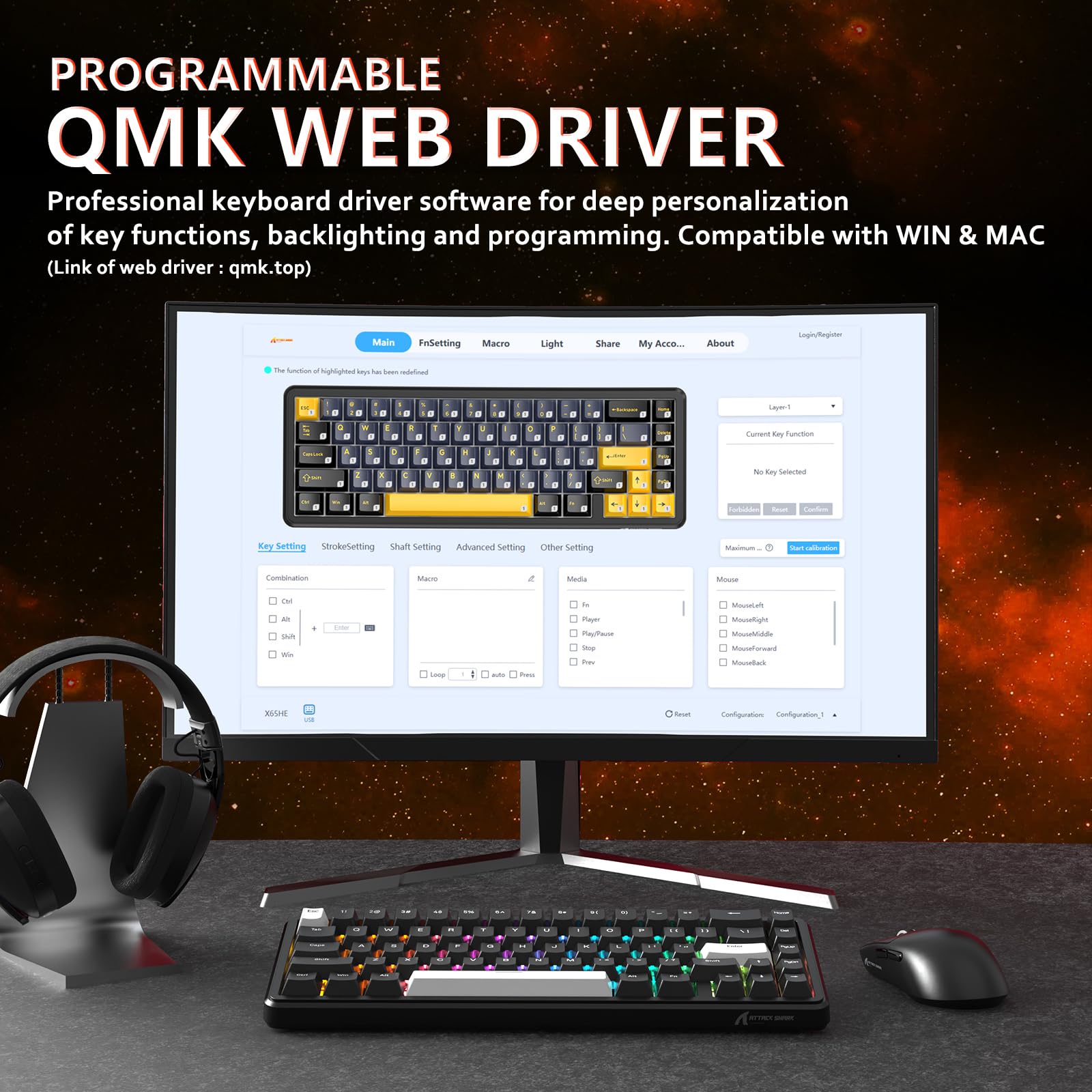 ATTACK SHARK X65 HE Tastiera da Gioco Cablate al 65% con Interruttori Magnetici e Funzione Rapid Trigger, Frequenza di Polling a 8000 Hz, Precisione RT di 0,01 mm, Tasti PBT, Driver QMK,RGB (Nera)