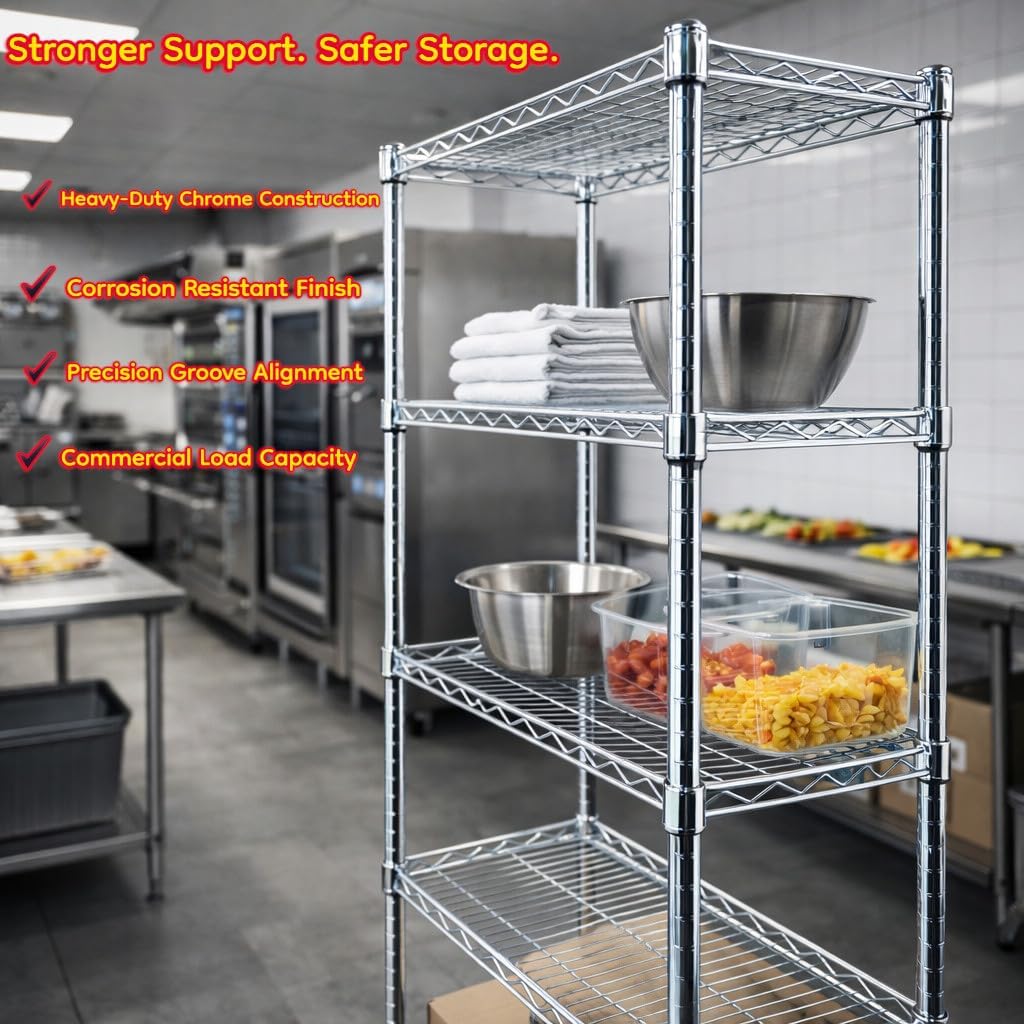 4 Posts! 74″ Chrome NSF Commercial Grade Wire Shelf Posts – Heavy Duty Adjustable Chrome Plated Support Poles for Wire Shelving, NSF Certified