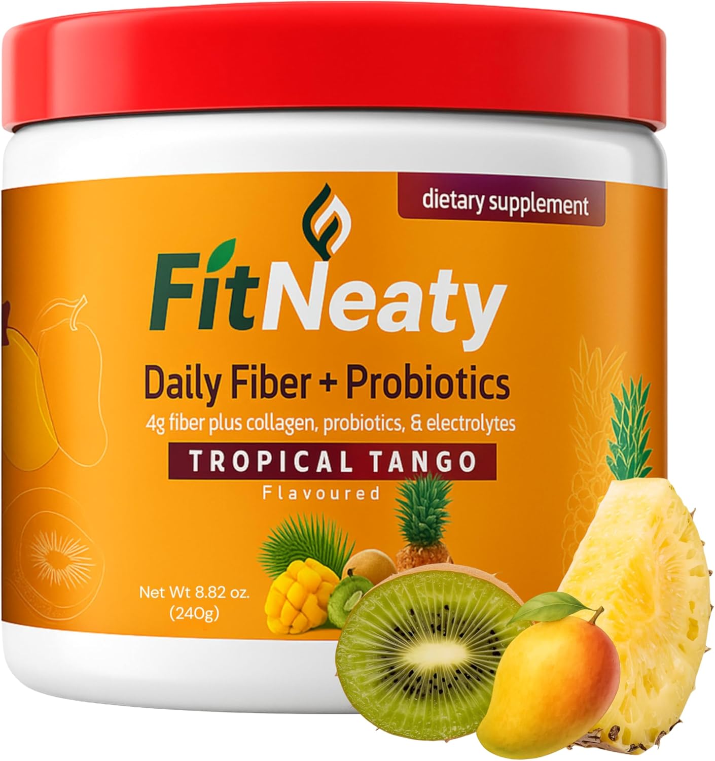 Fiber Supplement Powder for Women & Men, Organic Acacia Fiber with Collagen, Probiotics & Electrolytes, Daily Digestive Support, Tropical Tango Flavor, 240g