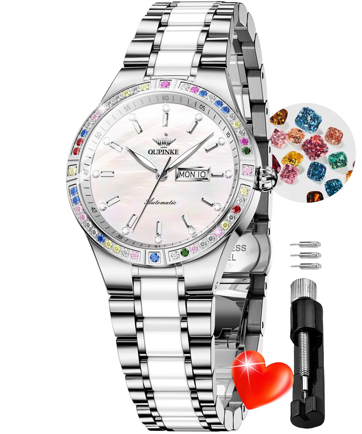 OUPINKE Relojes automáticos para mujer, con diamantes coloridos, elegante, de lujo, oro rosa, mecánico, cristal de zafiro, reloj de pulsera, 3283: blanco