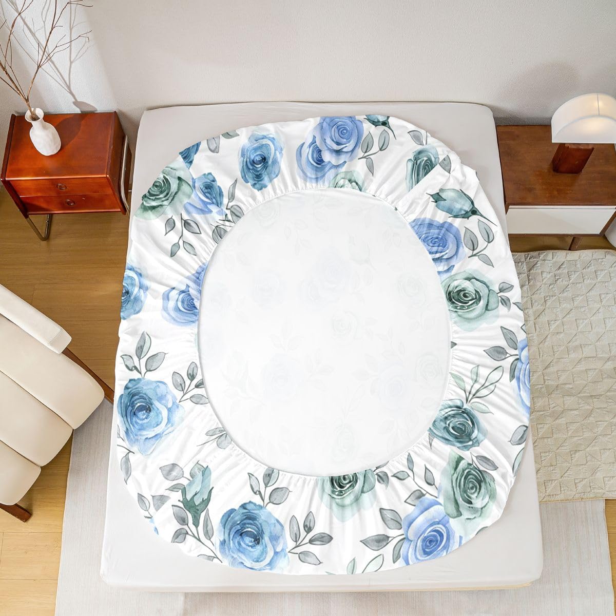 Erosebridal Blue and Green Floral Sheet Set Cool Vintage Twin Sheets Set for Toddler Boys,Boho Flowers Green Leaves Modern Classic Luxury Style Fitted Sheet