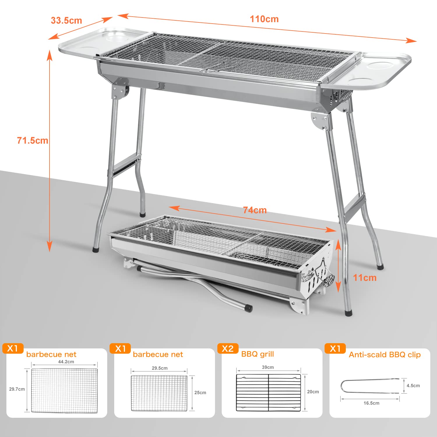 Barbecue à Charbon Pliable – Double Grille | 2‑en‑1 Extérieur, Pliable, Camping portable 74x33,5x71,5cm， avec 2 étagères