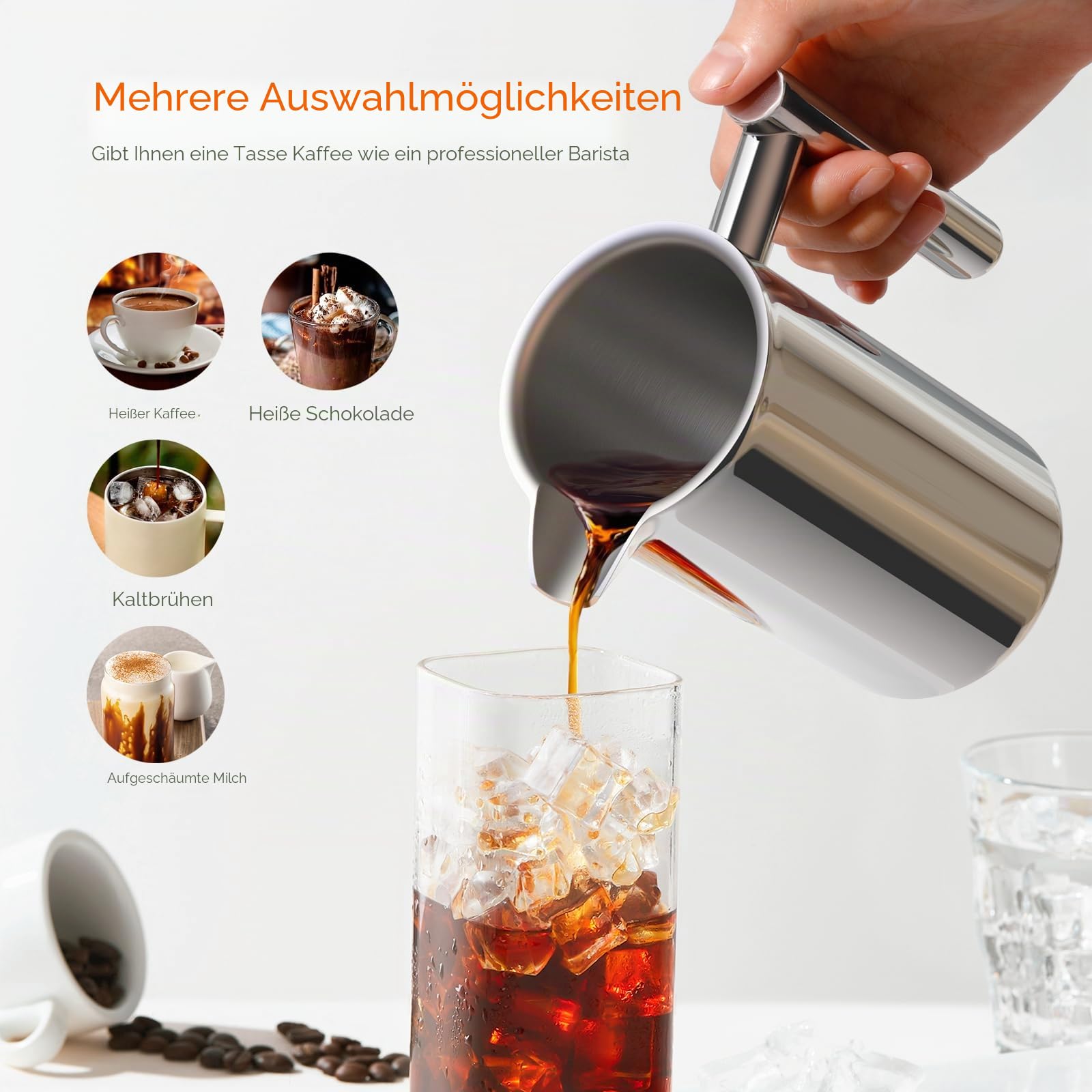 French Press Kaffeebereiter, 1L French Press Edelstahl mit 4 Filter und Löffel, Abnehmbar, Leicht Reinigen, Edelstahl Isolierte Kaffeekanne Thermo für Zuhause, Reisen und Camping, Silber