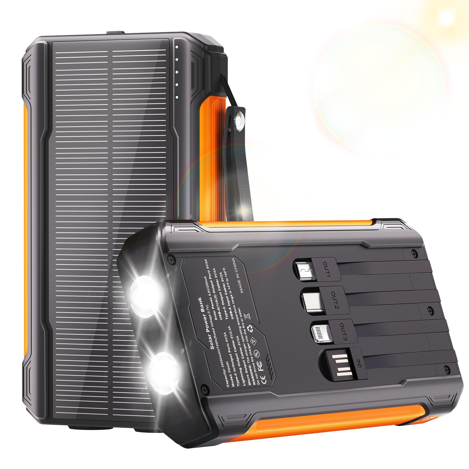 Nymzixt Solar Charger Power Bank 20000mAh, Portable Charger with 4 Cables | 3 Ports Fast Charging External Battery Pack with USB C for Phones iPad, Solar Panel Charger with Dual Flashlight for Camping