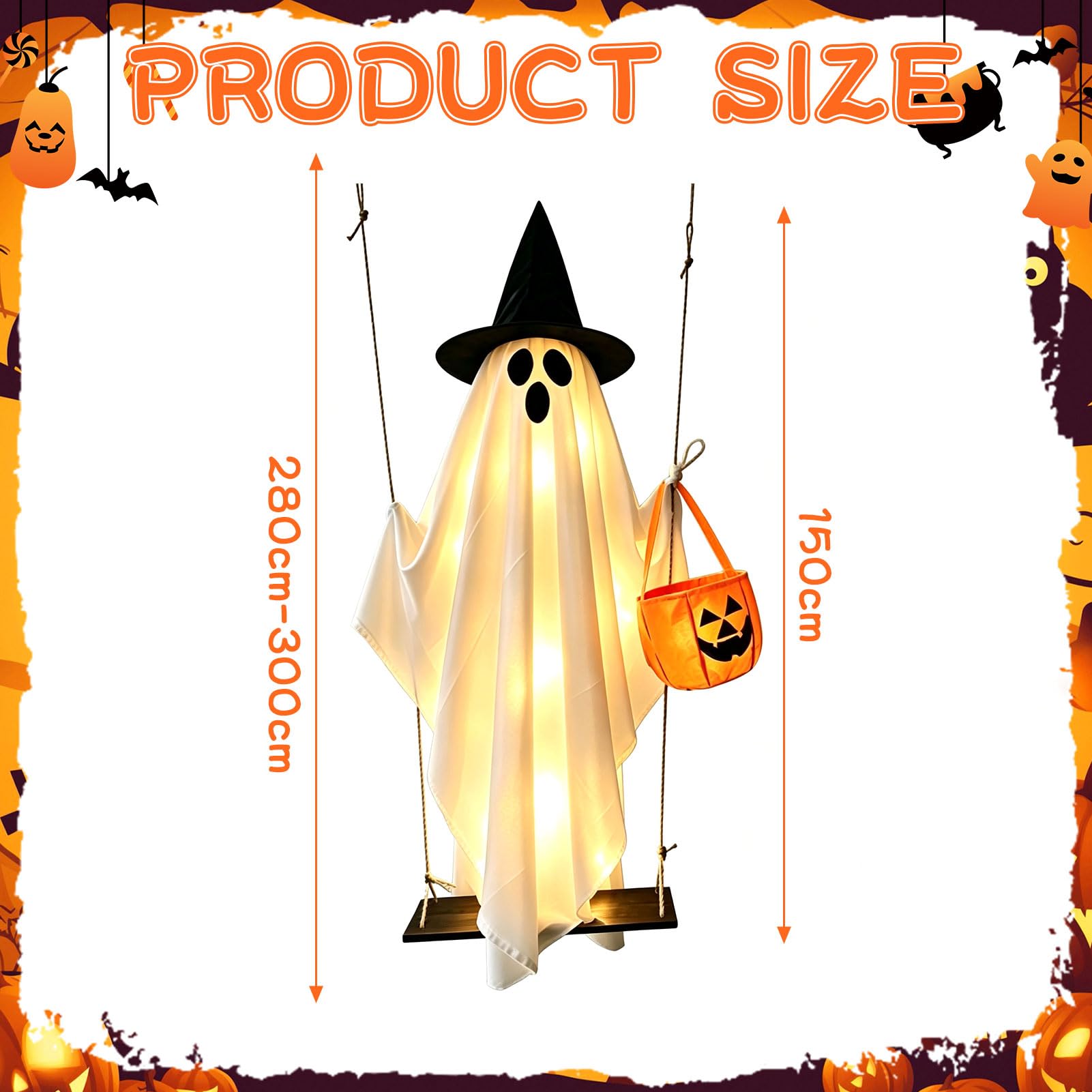 Halloween Deko Outdoor Leuchtend Geister Hängend mit Lichterkette 1.5M (A) | Hängende Geister Schaukel mit Kürbis Tüten, Gruselige Leuchtend Geist mit Hexenhut Auf Holzschaukel für Halloween Deko Garten