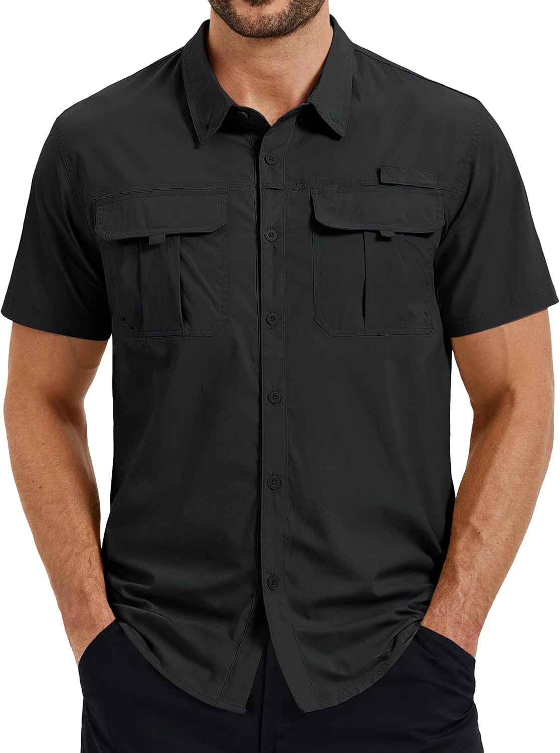 TACVASEN Men's Fishing Shirt with Pockets UPF50 Quick Dry Breathable Short Sleeve Button Down Sun Shirt for Work Tactical