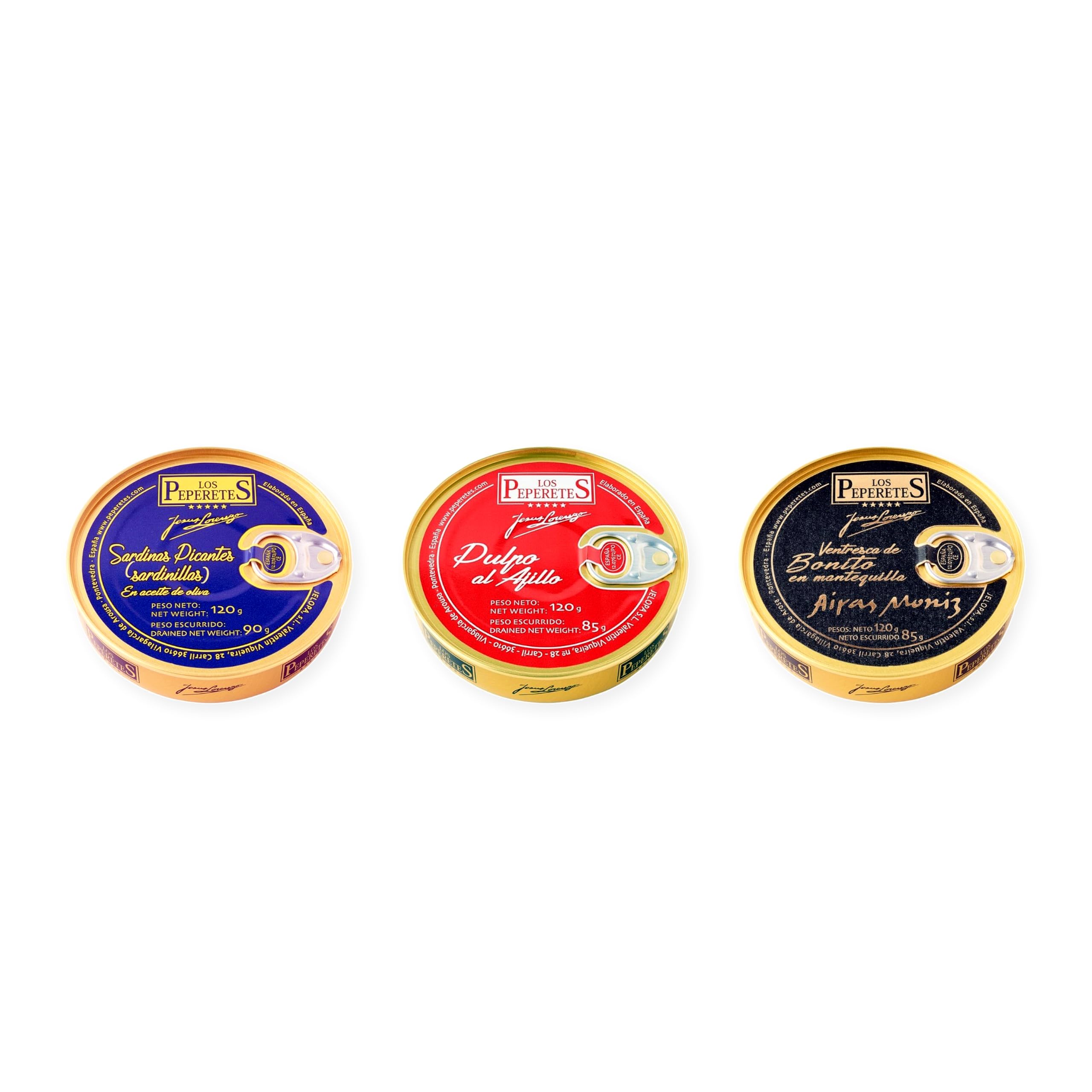 los peperetes conservas Sardinillas Picantes, Pulpo Ajillo y Ventresca Bonito Mantequilla pack 3 latas