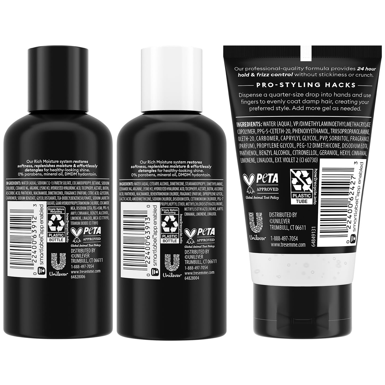 TRESemmé Travel Shampoo, Conditioner & Hair Gel – Rich Moisture Hair Products + Alcohol-Free Styling Gel, 24H Frizz Control (3 Piece Set)