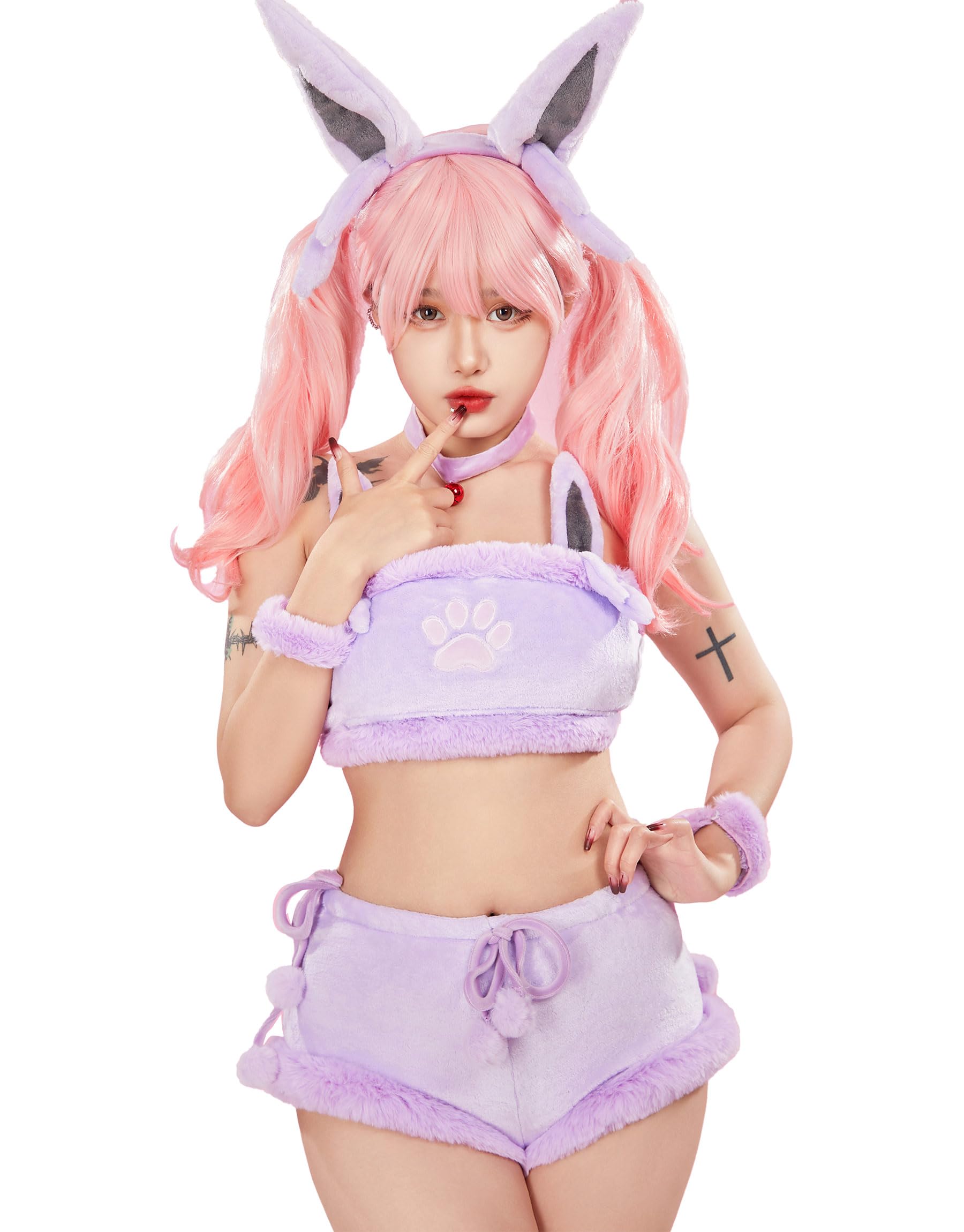 MobbunnyWomen Cartoon Cosplay Pajamas Set Purple Flannel Sleeveless Crop Top and Shorts Loungewear Halloween Christmas