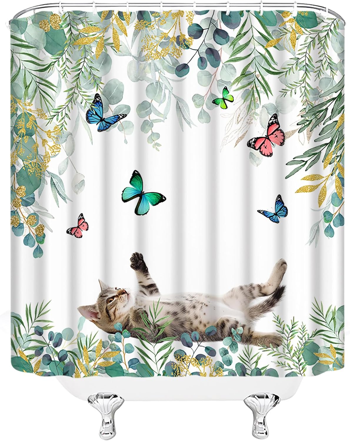 Lovely Cat Shower Curtain Green Eucalyptus Leaves Floral Butterfly Cut Cat Kitten Creative Animal Nature Funny 70" WX96 H Bathroom Decor Fabric Curtain with Hooks
