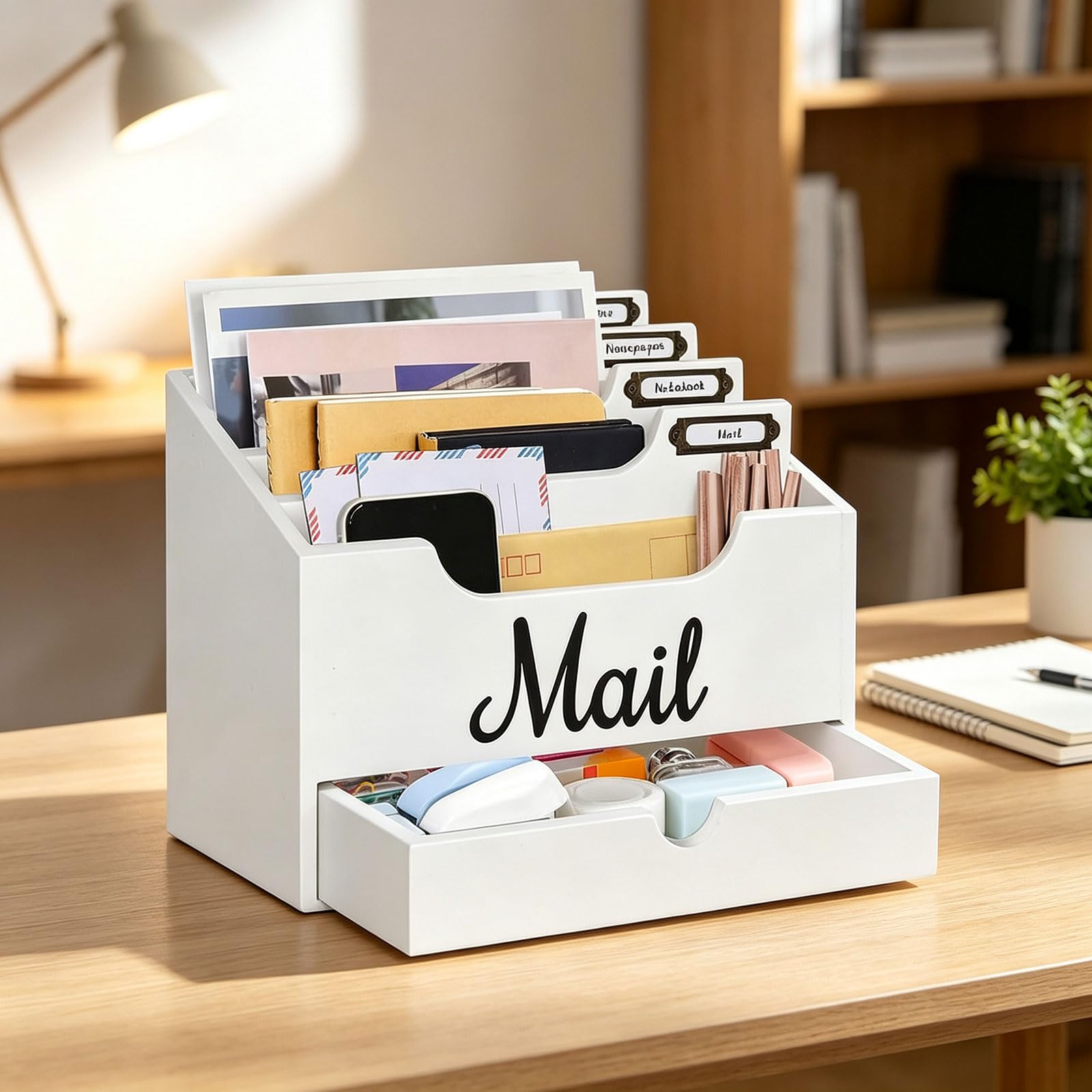 Organizer da scrivania in legno con cassetto, smistatore posta a più livelli per lettere, penne, quaderni, portaoggetti per scrivania per studio in casa Organizer da scrivania in legno smistatore