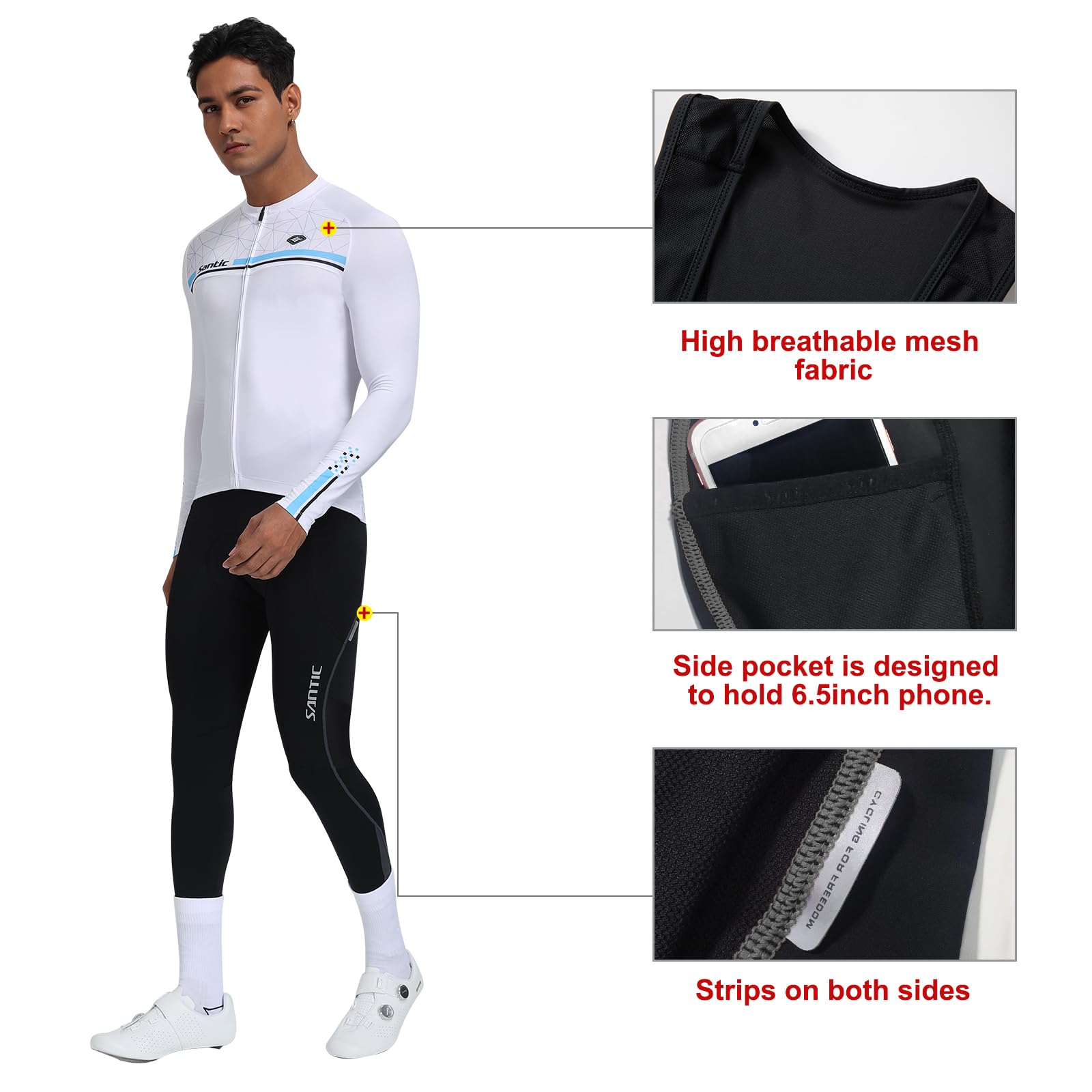 Santic Salopette Ciclismo Uomo Lunga Ciclismo Pantaloni Imbottiti