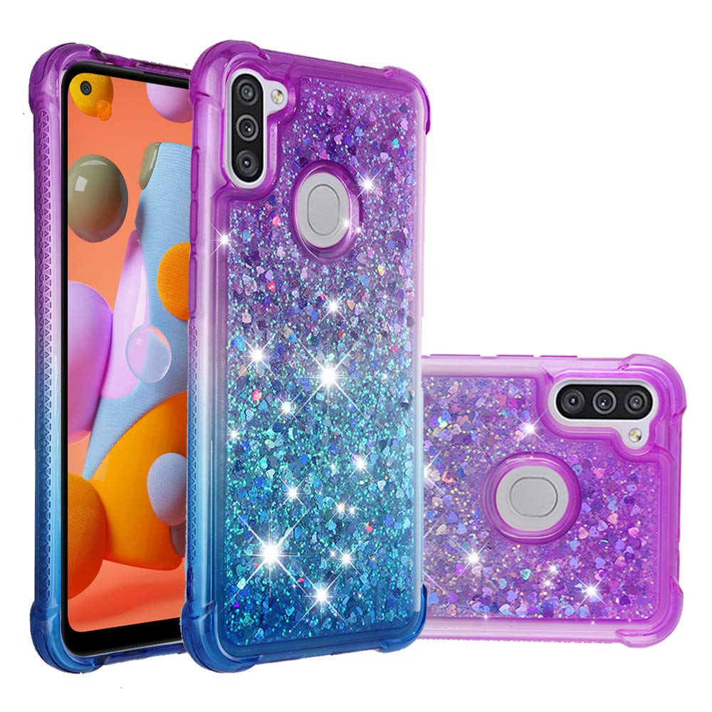 Adamarker Case for Samsung Galaxy A11 Cover Glitter Bling Sparkly Shiny Gradient Rainbow Flowing Liquid Cute Silicone Bumper (Purple-Blue)