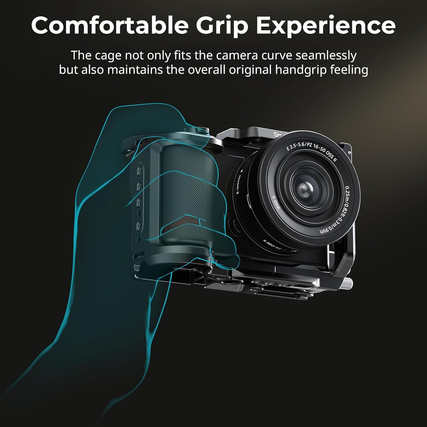 Four diagrams illustrating various mounting points on the SmallRig cage: strap slots, threaded holes, ARRI locating hole, QD socket, and cold shoe.