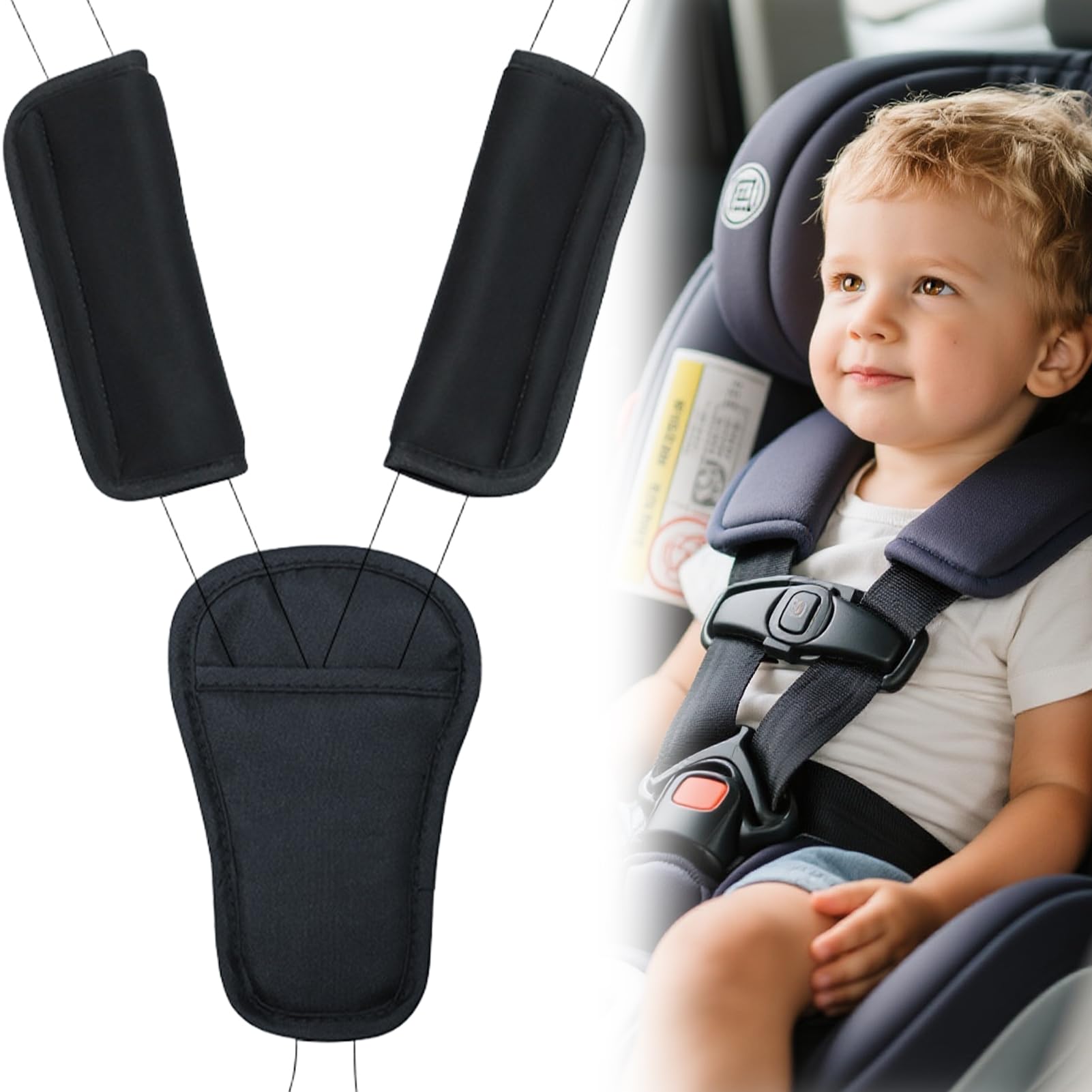 Set di 3 cuscinetti per cinture di sicurezza per bambini, cuscino universale Soft Seat Belt (nero)
