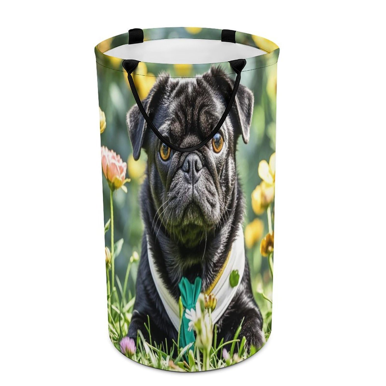Cute Black Pug Dog Laundry Hamper Waterproof Polyester Laundry Baskets Collapsible Dirty Clothes Storage Basket Clothes Hampers with Sturdy Handles for Travel Bedroom