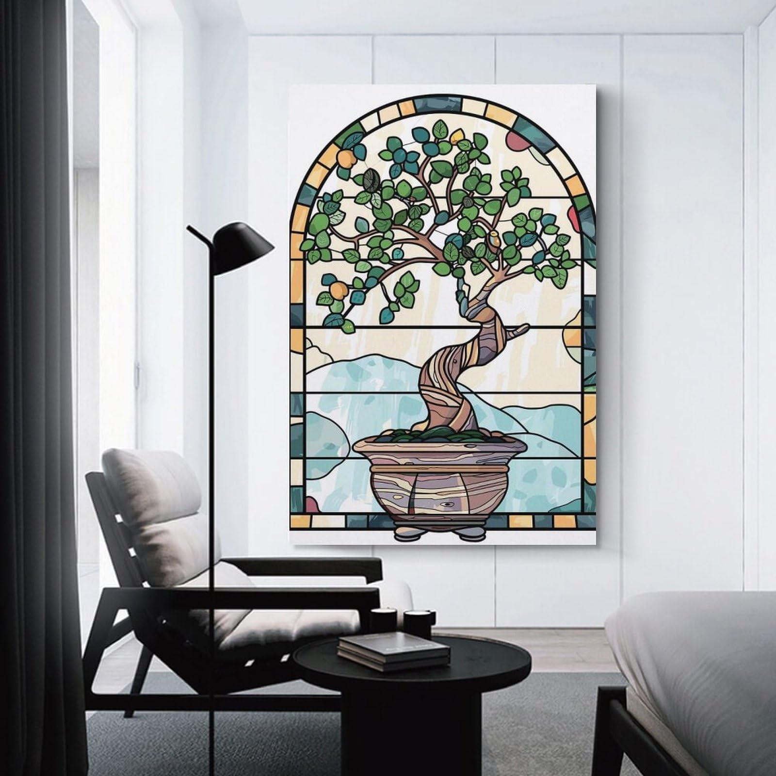 Junmoney Stained Glass Bonsai Tree Hanging Wall Art 12x18inch(30x45cm), for New Homes, Bedrooms Or Workspaces, Thoughtful Wall Decor for Art Lovers