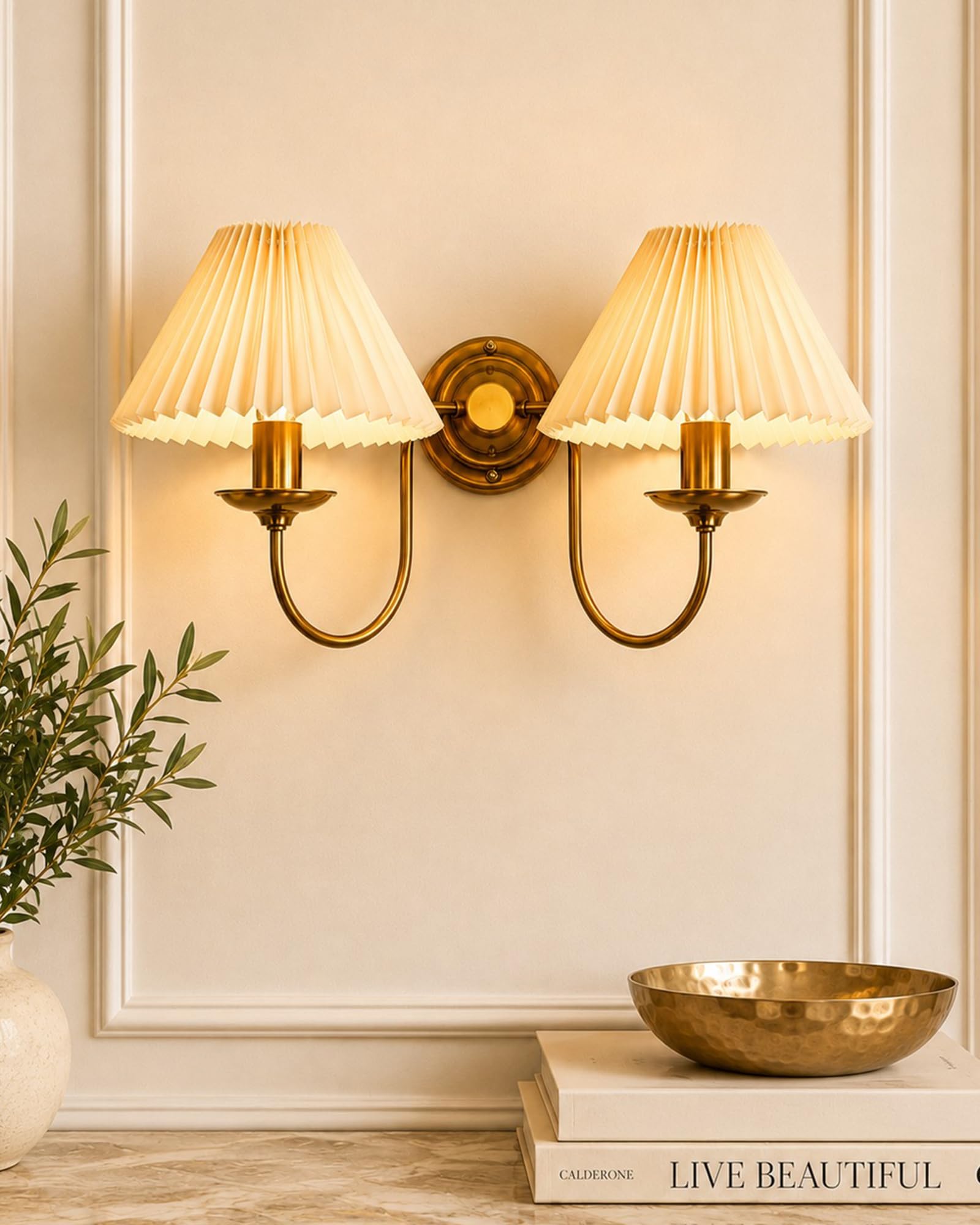 Homesake® Brass Gold Double Wall Light with Pleated Shades, Modern Luxury Metal Wall Sconce for Bedroom, Living Room, Hallway, Hotel, E27 Holder, Decorative Indoor Lighting (Pleated Off-White)-picture-10