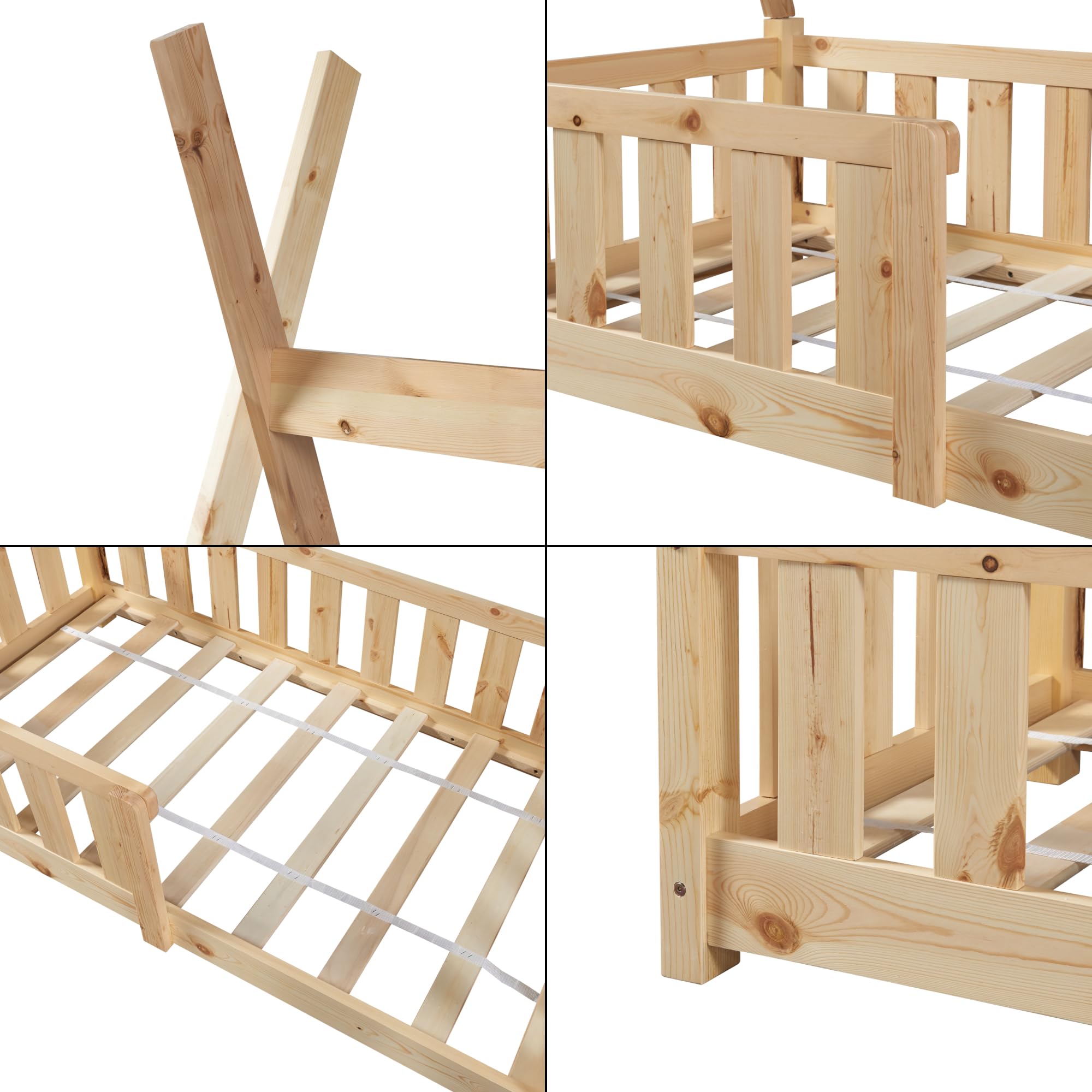 [en.casa] Cama para Niños Helsingborg Pequeños Estructura Tipi Indio Cama Montessori con Somier Cama Infantil con reja de Seguridad Carga máx. 80 kg Madera Pino 70 x 140 cm - Natural