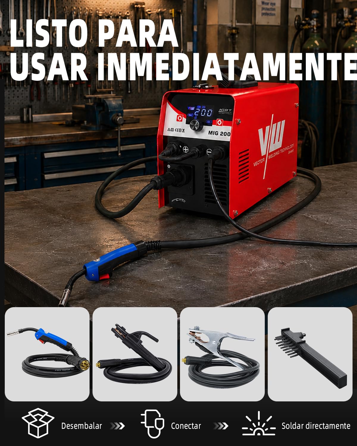 VECTOR WELDING Soldador MIG MAG 200A, Soldador de Hilo Inverter 4 en 1 | Gas MIG/Flux/MMA/Lift-TIG, Máquina de Soldar con Pantalla LED, MCU, IGBT, para Soldar con y sin Gas