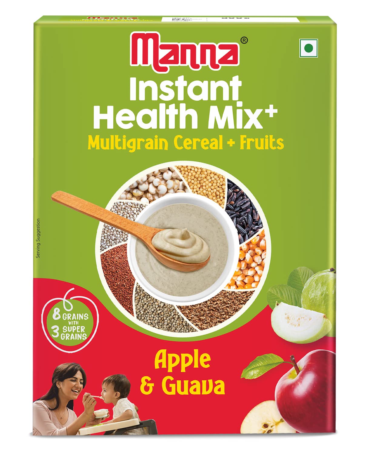 MannaHealth Mix Instant Multigrain Cereal, Apple & Guava with Milk, Made with Real Fruits and 8 Supergrains and Millets, No Added Sugar, No Artificial Color, Flavors - 200g (Pack of 1)