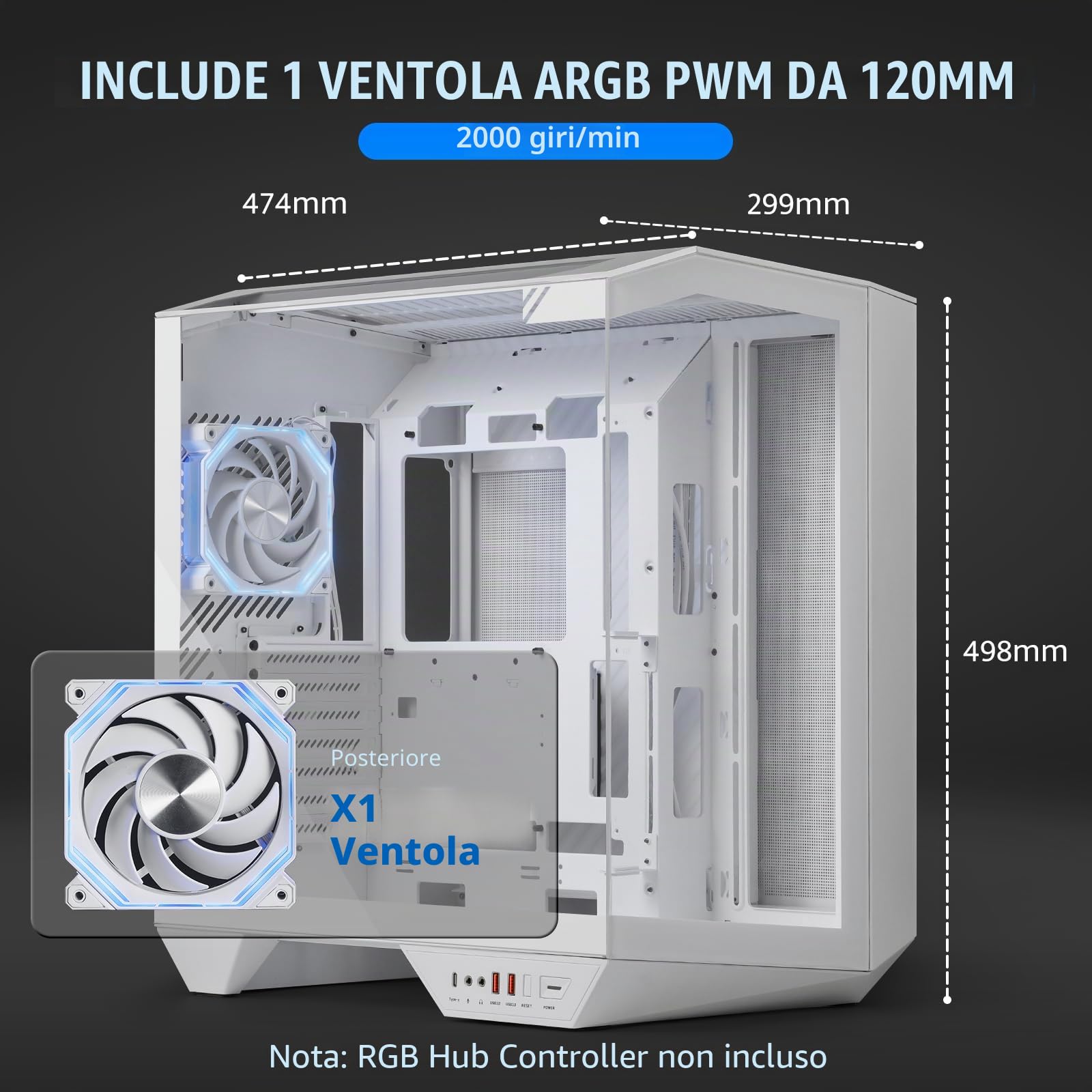 darkFlash Case PC ATX Full-tower Gaming, Scheda Madre con Connettore Posteriore, Doppia Camera, Vetro Panoramico, Fino a 2x360mm Rradiatori, Compatibile con RTX 40 (DY470) (1 ventole PWM ARGB, Bianco)