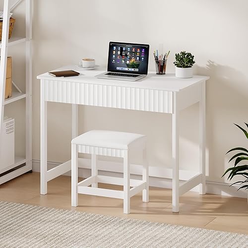 Miniatura 6 de ChooChoo Escritorio moderno de 40 pulgadas con cajones, escritorio de maquillaje con taburete acolchado, pequeño escritorio de oficina en casa para